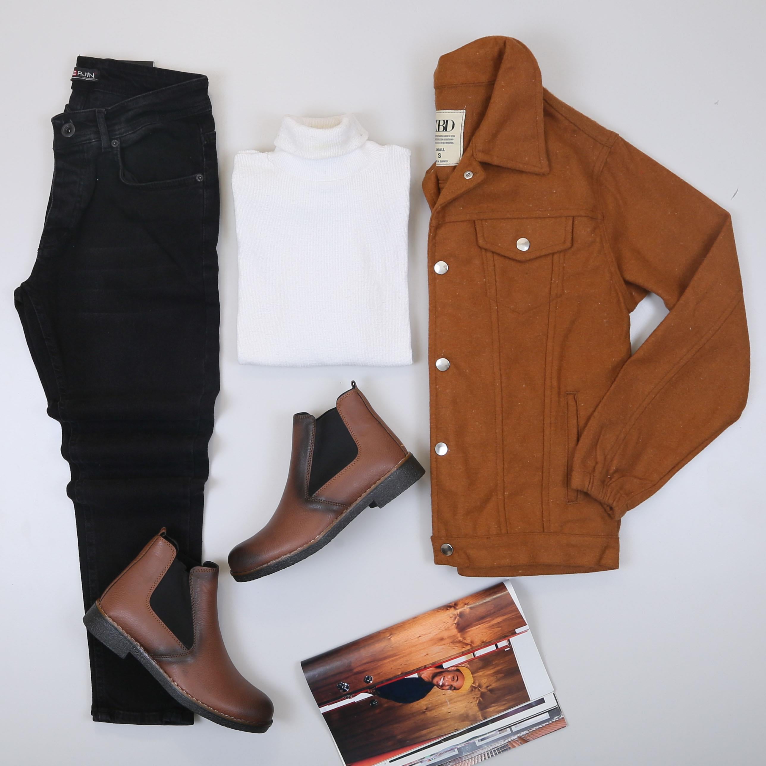 Taba Kaşe Ceket Boğazlı Body Pantolon Bot Kombin