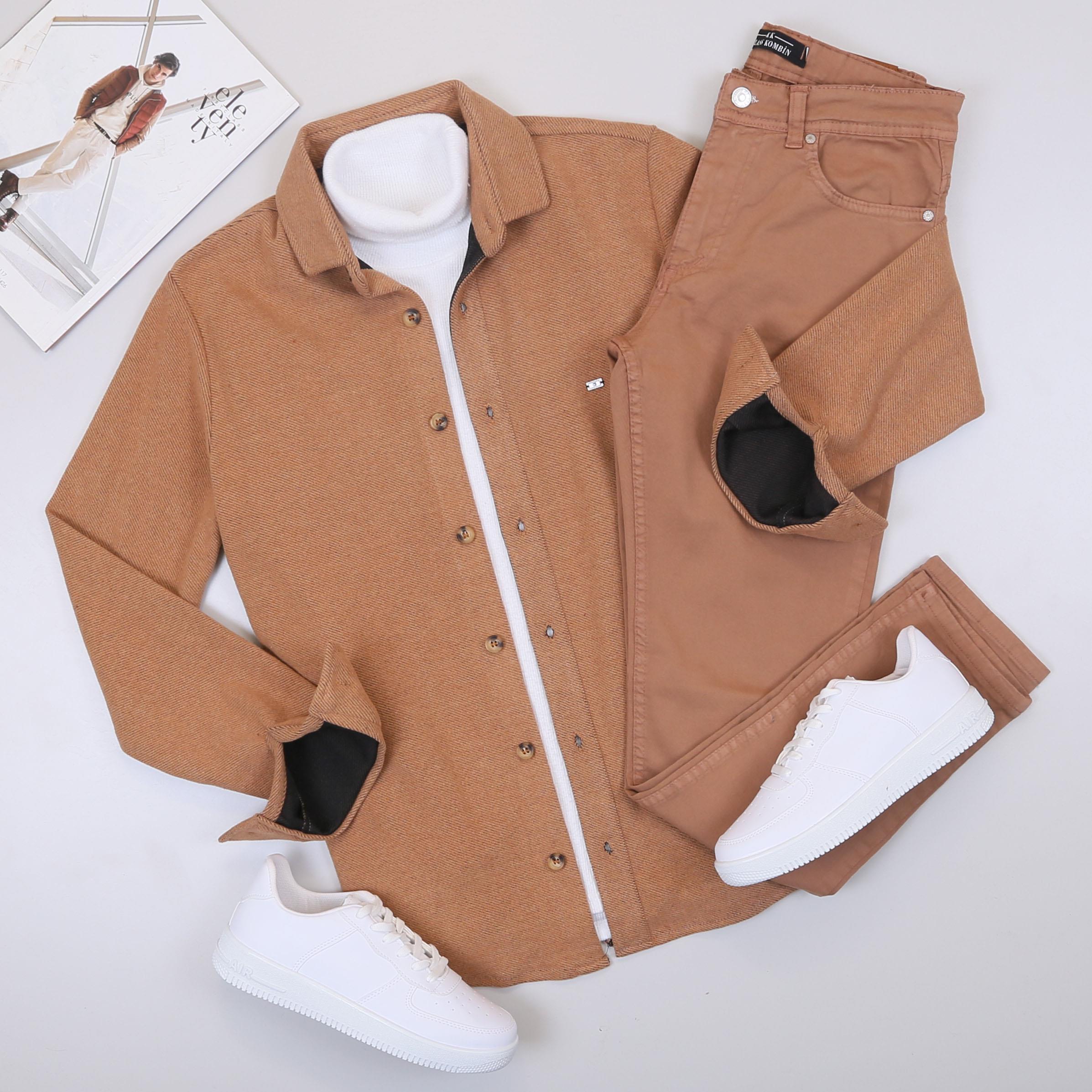 Taba Kaşe Gömlek Boğazlı Body Pantolon Ayakkabı Kombin