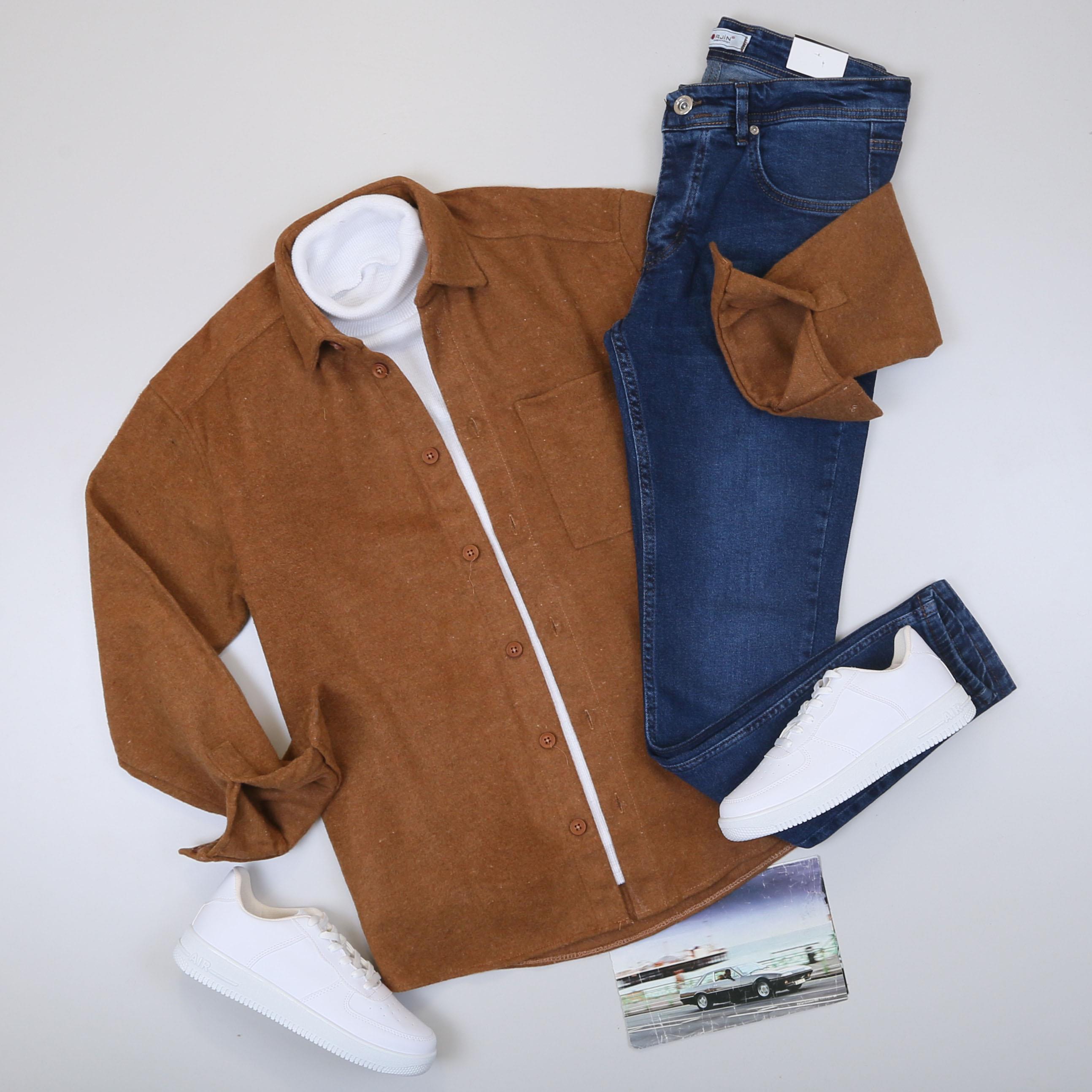 Taba Kaşe Gömlek Boğazlı Body Pantolon Ayakkabı Kombin