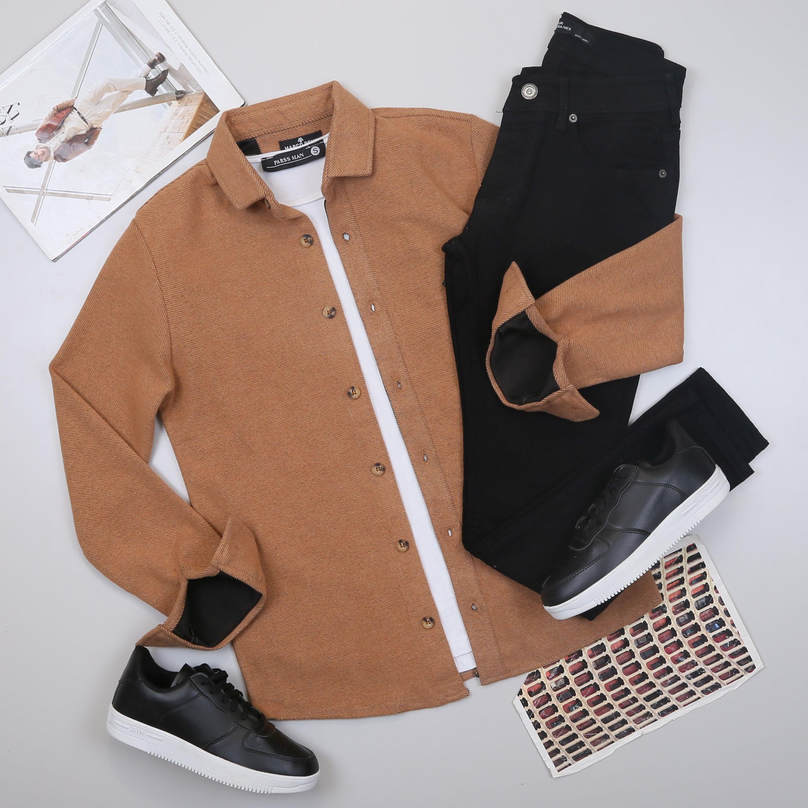 Taba Kaşe Gömlek Tişört Pantolon Ayakkabı Kombin