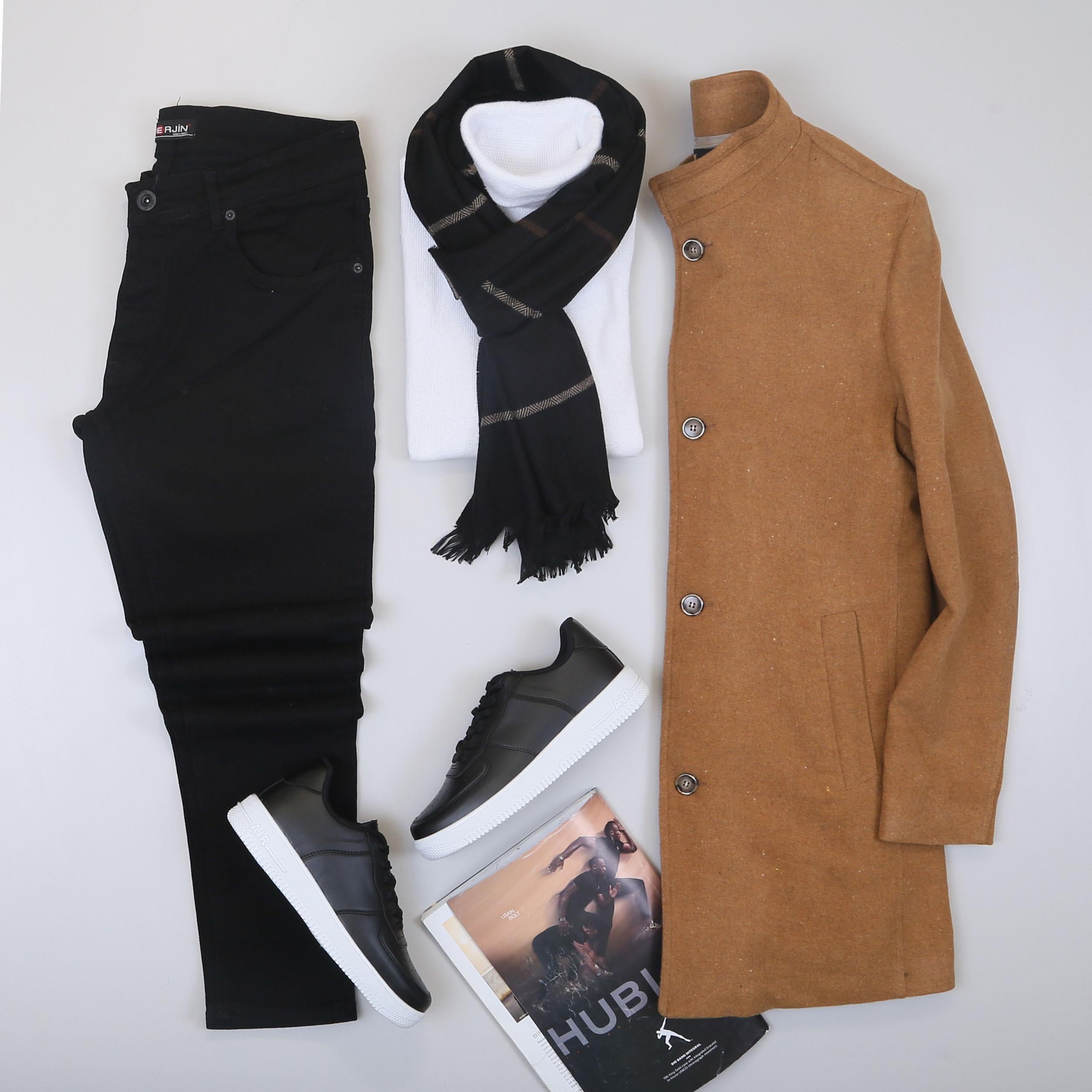 Taba Kaşe Kaban Boğazlı Body Pantolon Ayakkabı Kombin