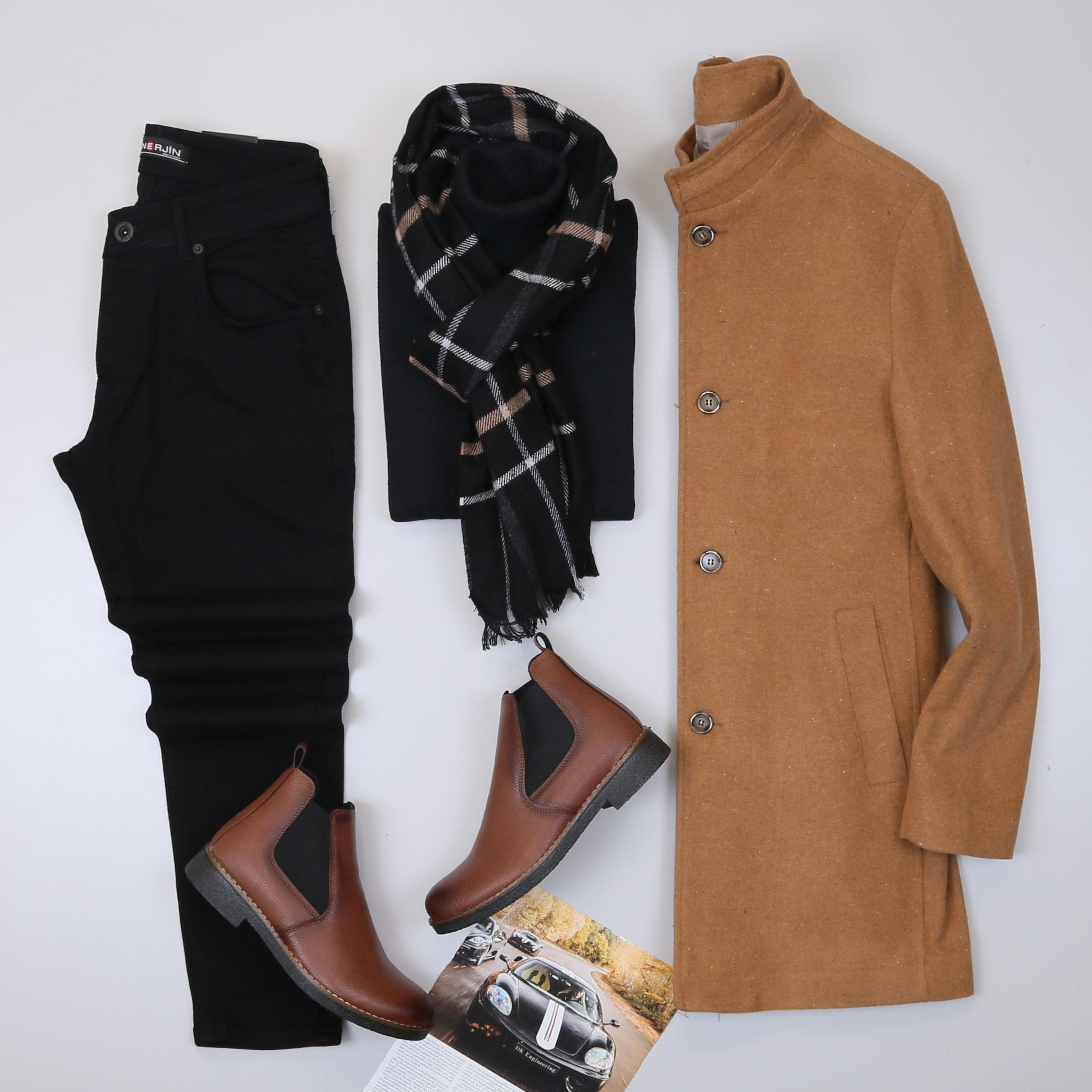 Taba Kaşe Kaban Boğazlı Body Pantolon Bot Kombin