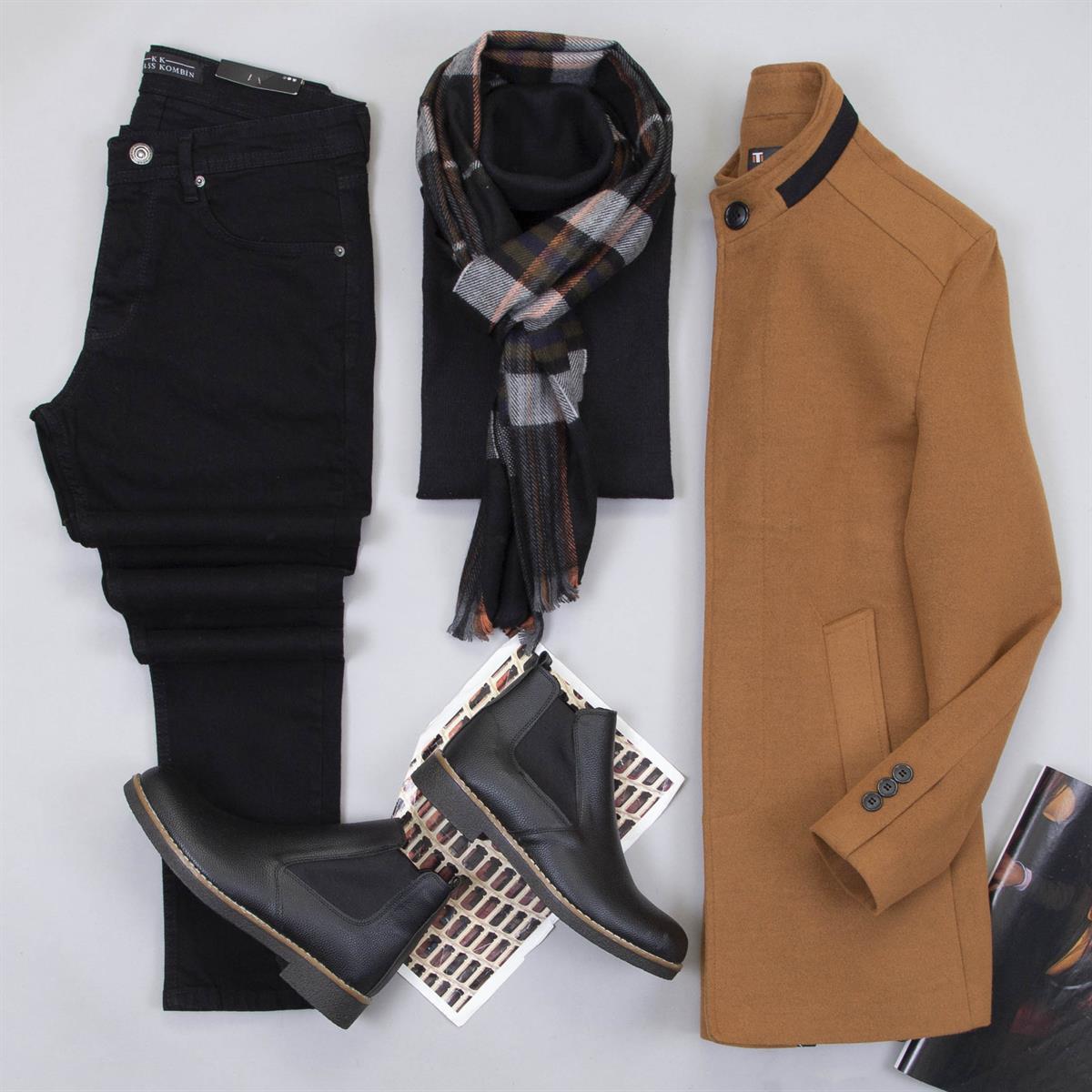 Taba Kaşe Kaban Boğazlı Kazak Atkı Pantolon Bot Kombin