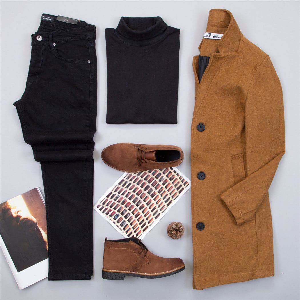 Taba Kaşe Kaban Boğazlı Kazak Pantolon Bot Kombin