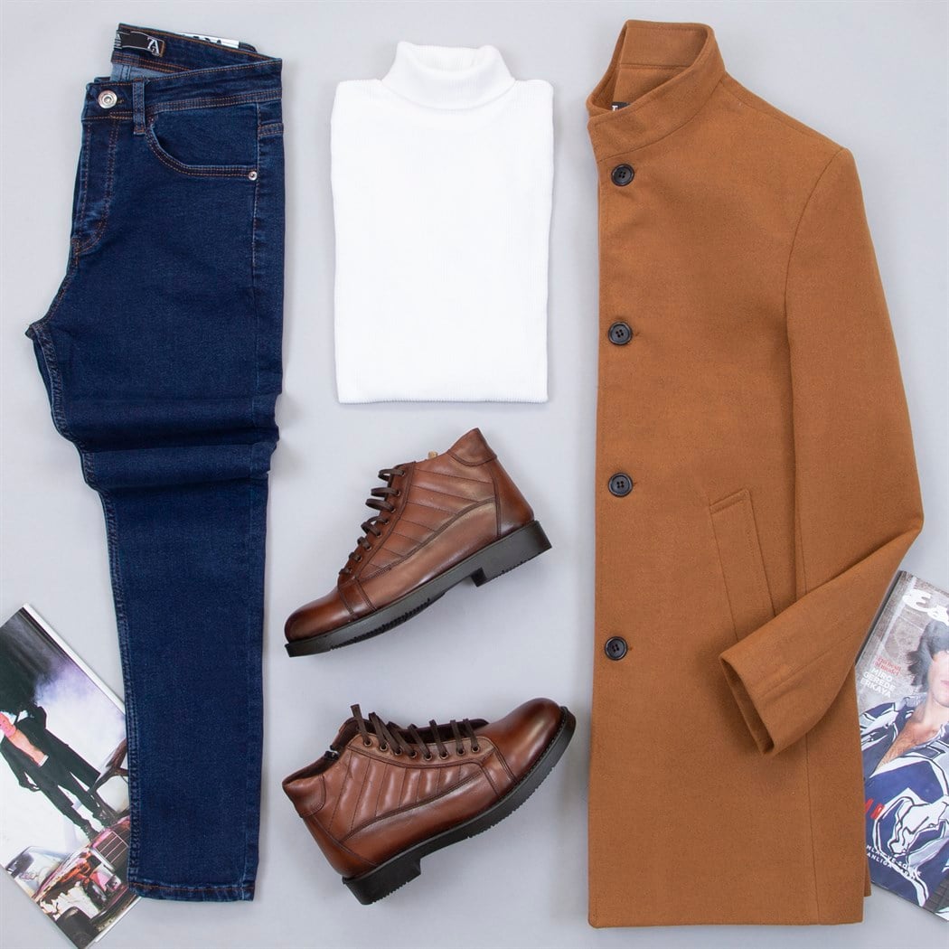 Taba Kaşe Kaban Boğazlı Kazak Pantolon Bot Kombin