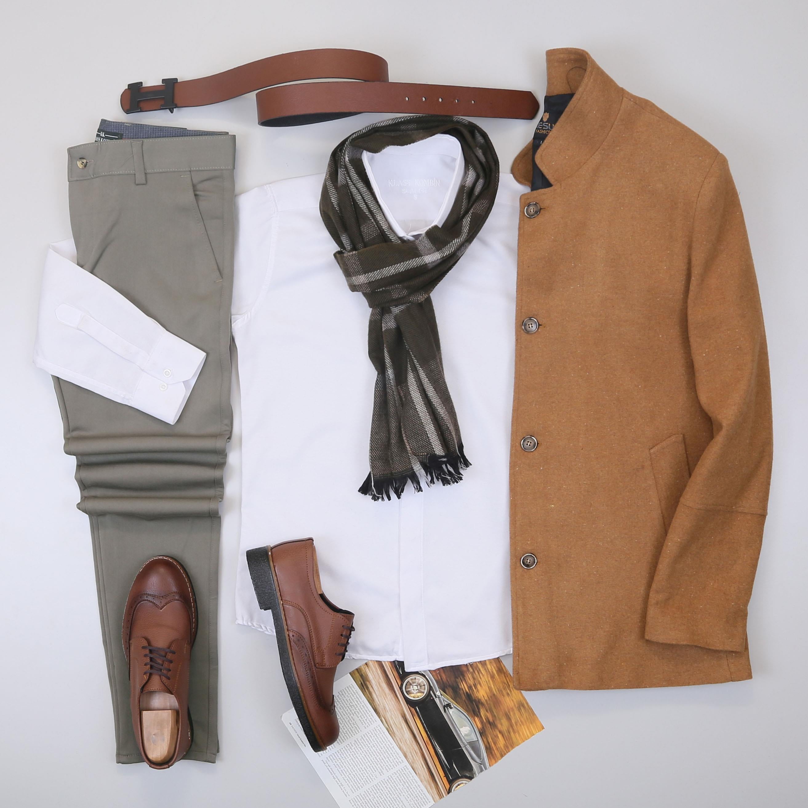 Taba Kaşe Kaban Gömlek Pantolon Ayakkabı Kombin