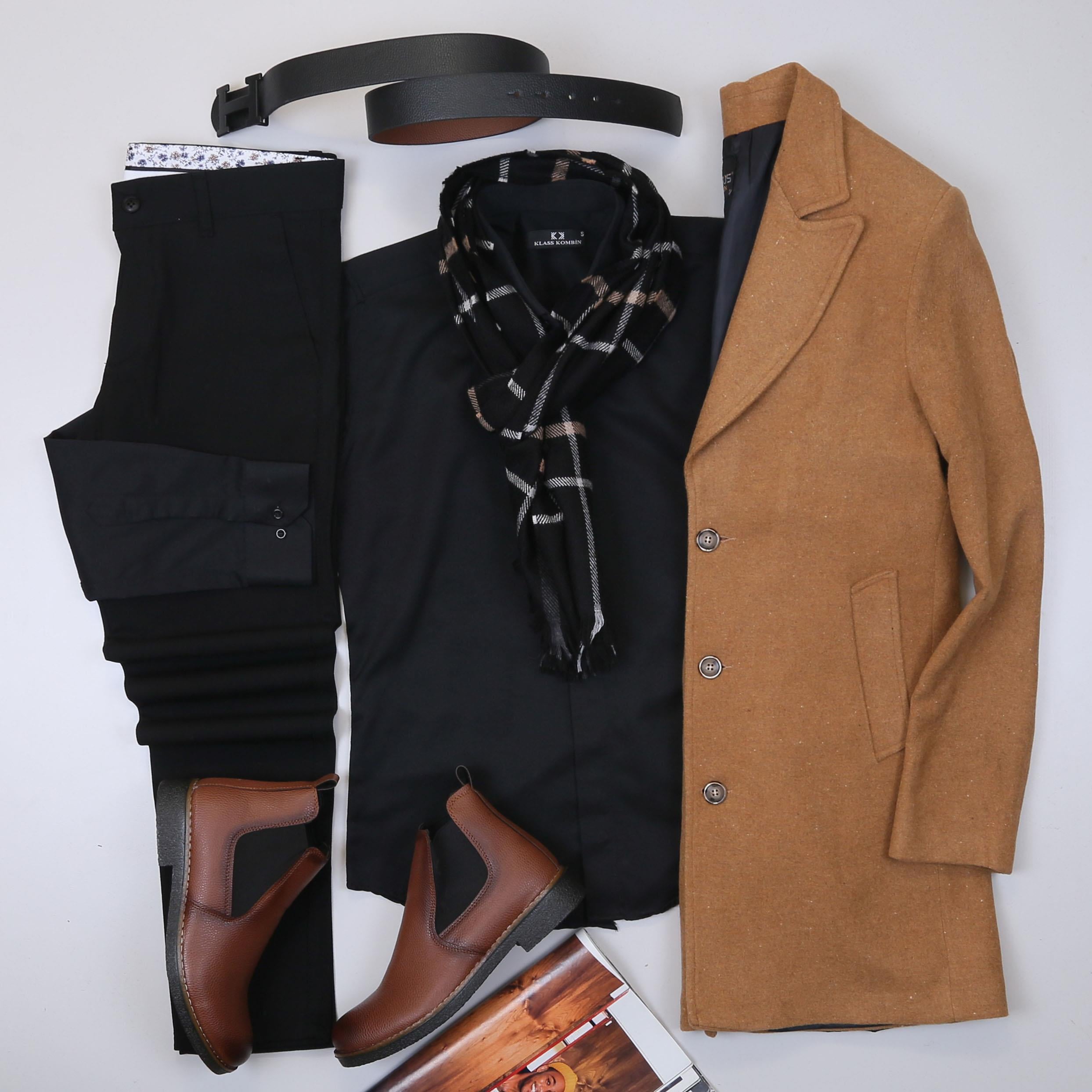 Taba Kaşe Kaban Gömlek Pantolon Bot Kombin