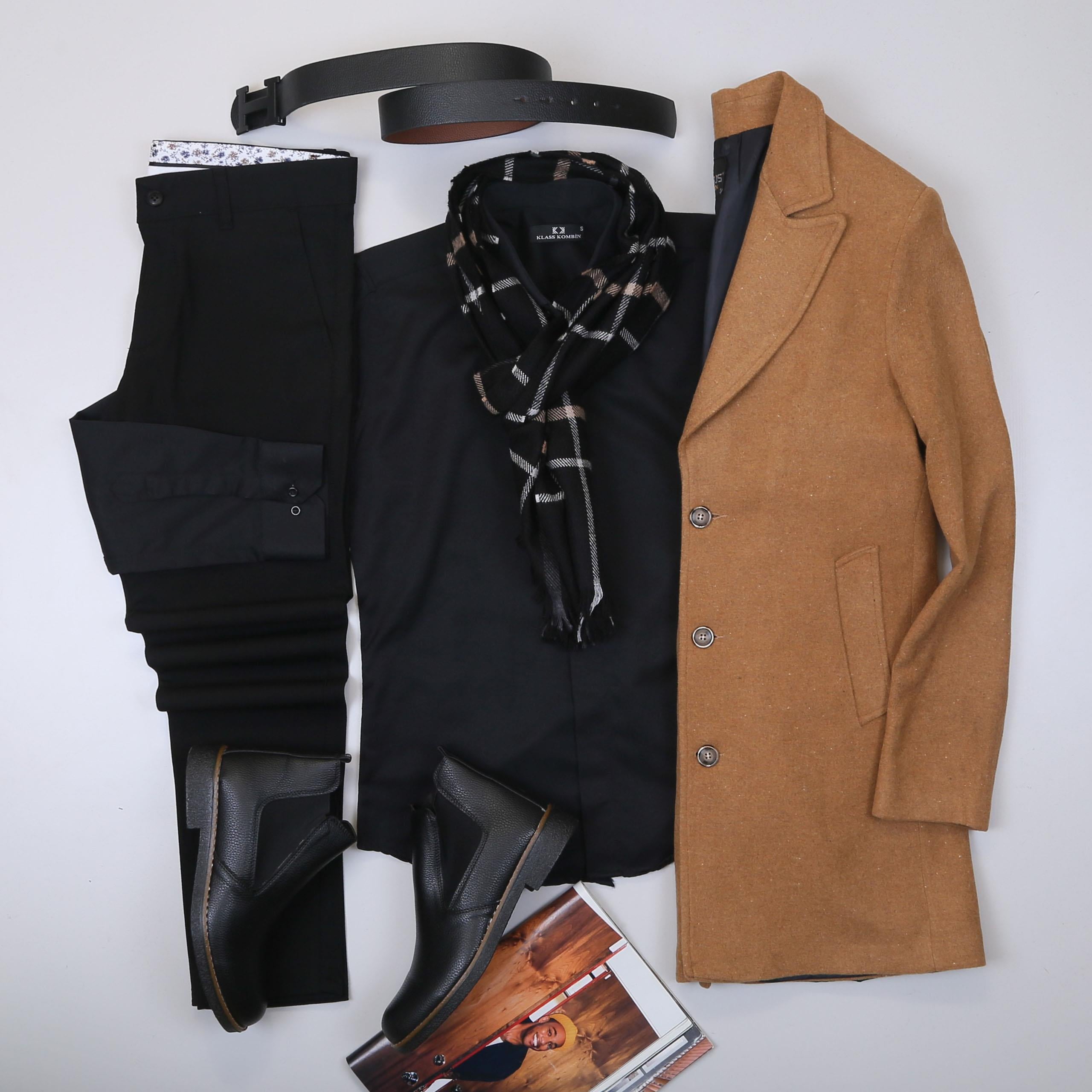 Taba Kaşe Kaban Gömlek Pantolon Bot Kombin