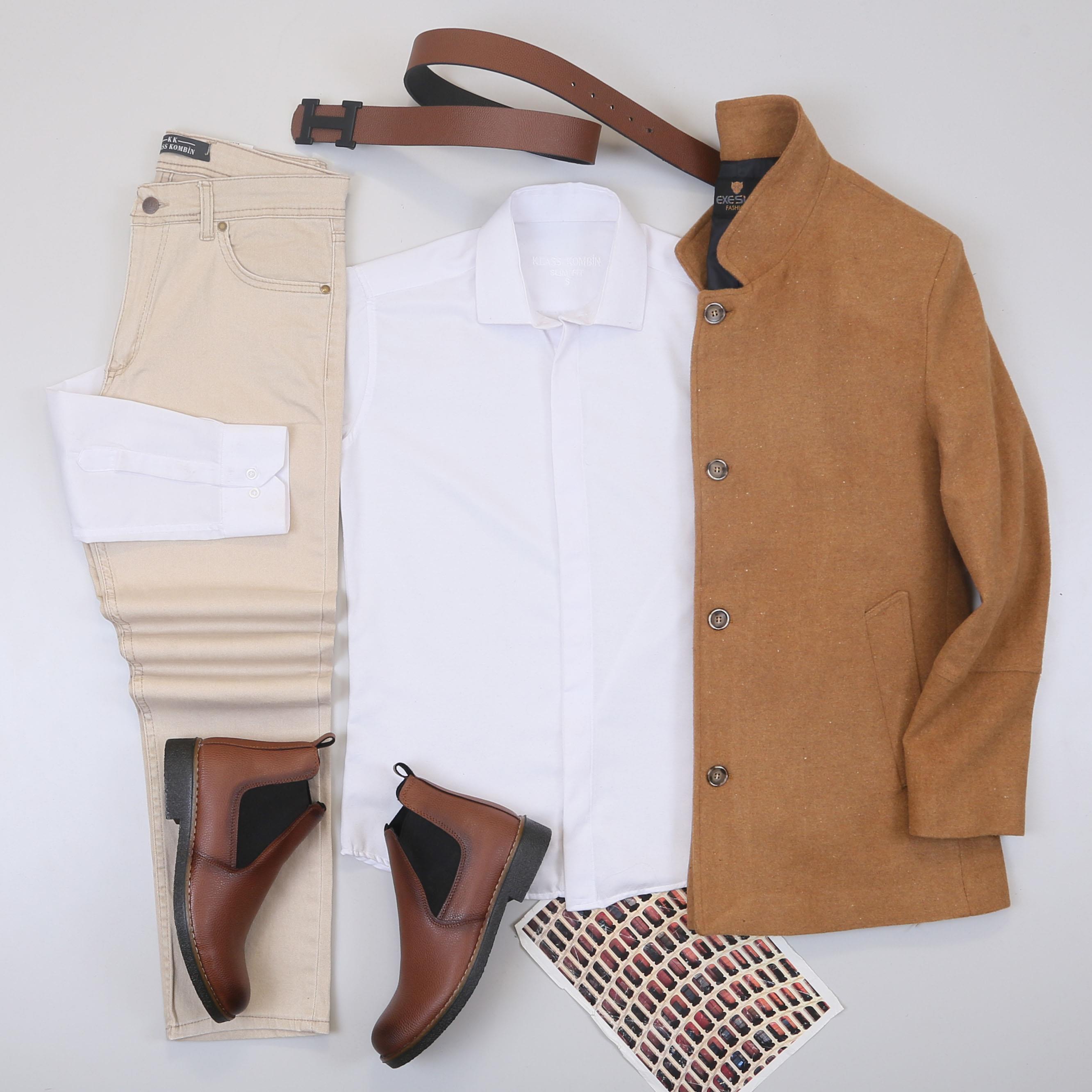 Taba Kaşe Kaban Gömlek Pantolon Bot Kombin