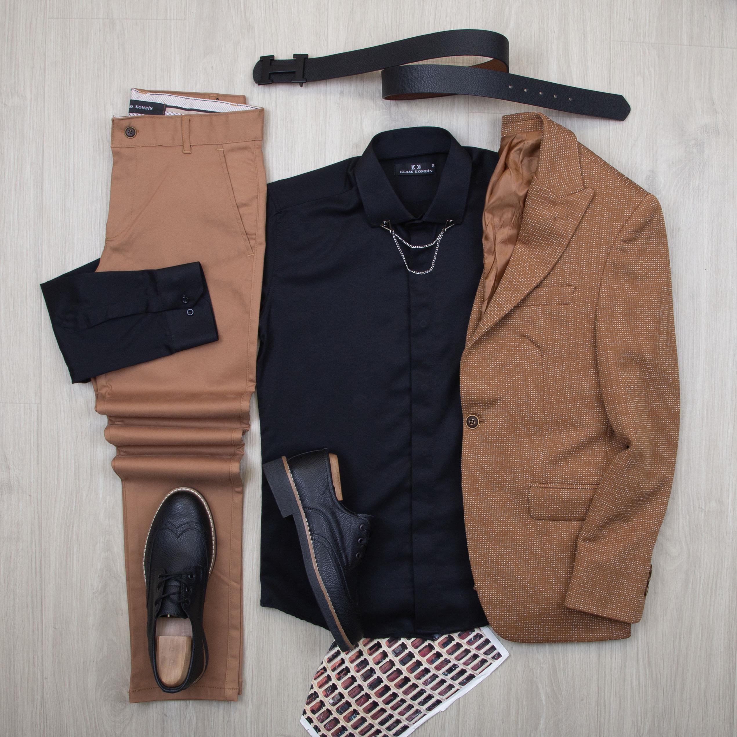 Taba Kırçıllı Blazer Ceket Gömlek Pantolon Ayakkabı Kombin