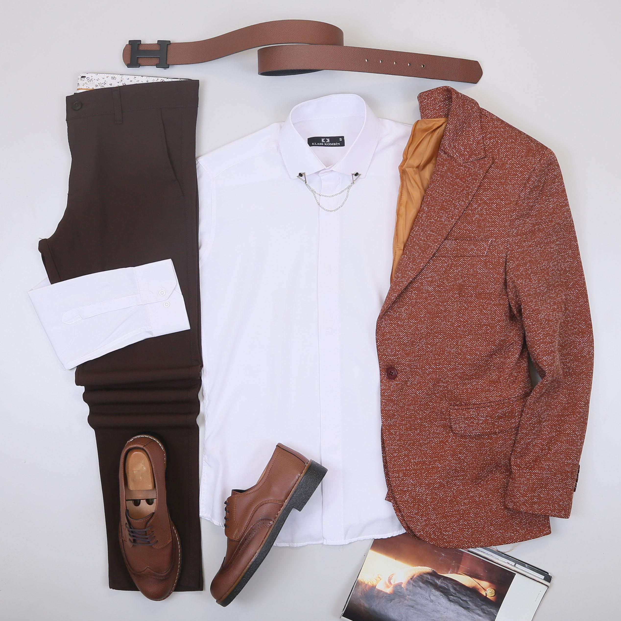 Taba Kırçıllı Blazer Ceket Gömlek Pantolon Ayakkabı Kombin