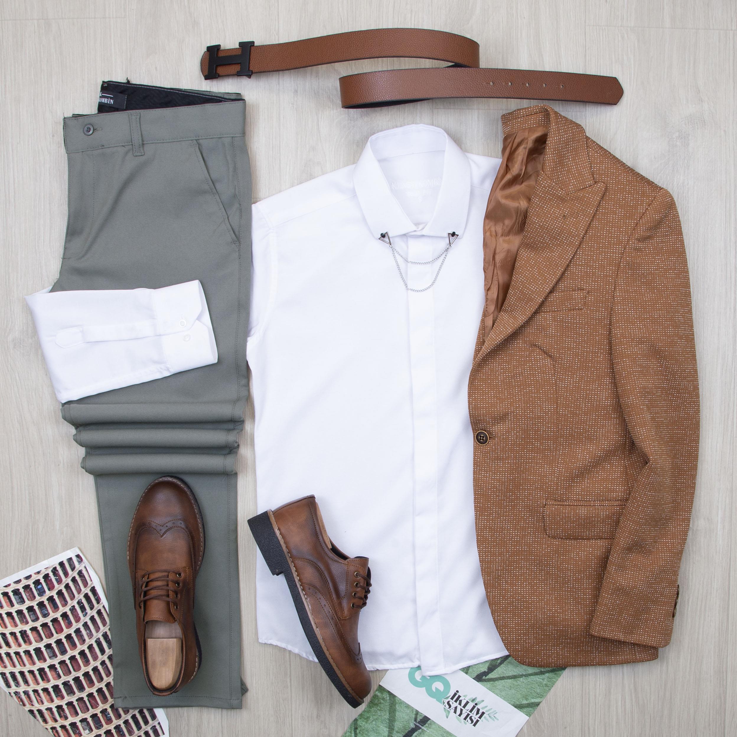 Taba Kırçıllı Blazer Ceket Gömlek Pantolon Ayakkabı Kombin