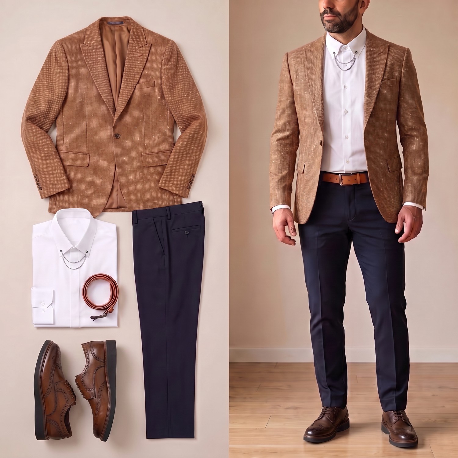 Taba Kırçıllı Blazer Ceket Kombini Erkek | Slim Fit Şık Komple Set 