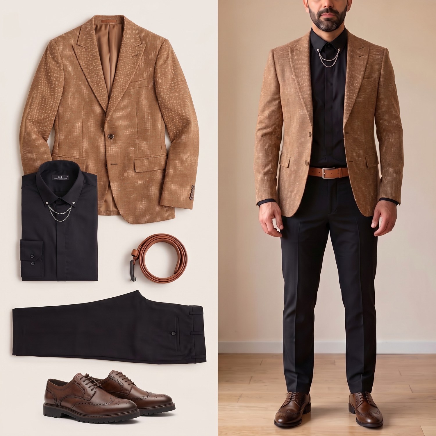 Taba Kırçıllı Blazer Ceket Kombini Erkek | Slim Fit Şık Komple Set