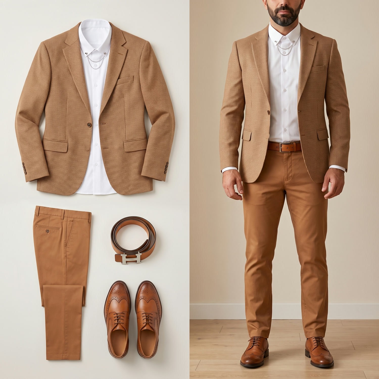 Taba Kırçıllı Blazer Ceket Gömlek Pantolon Ayakkabı Kombin