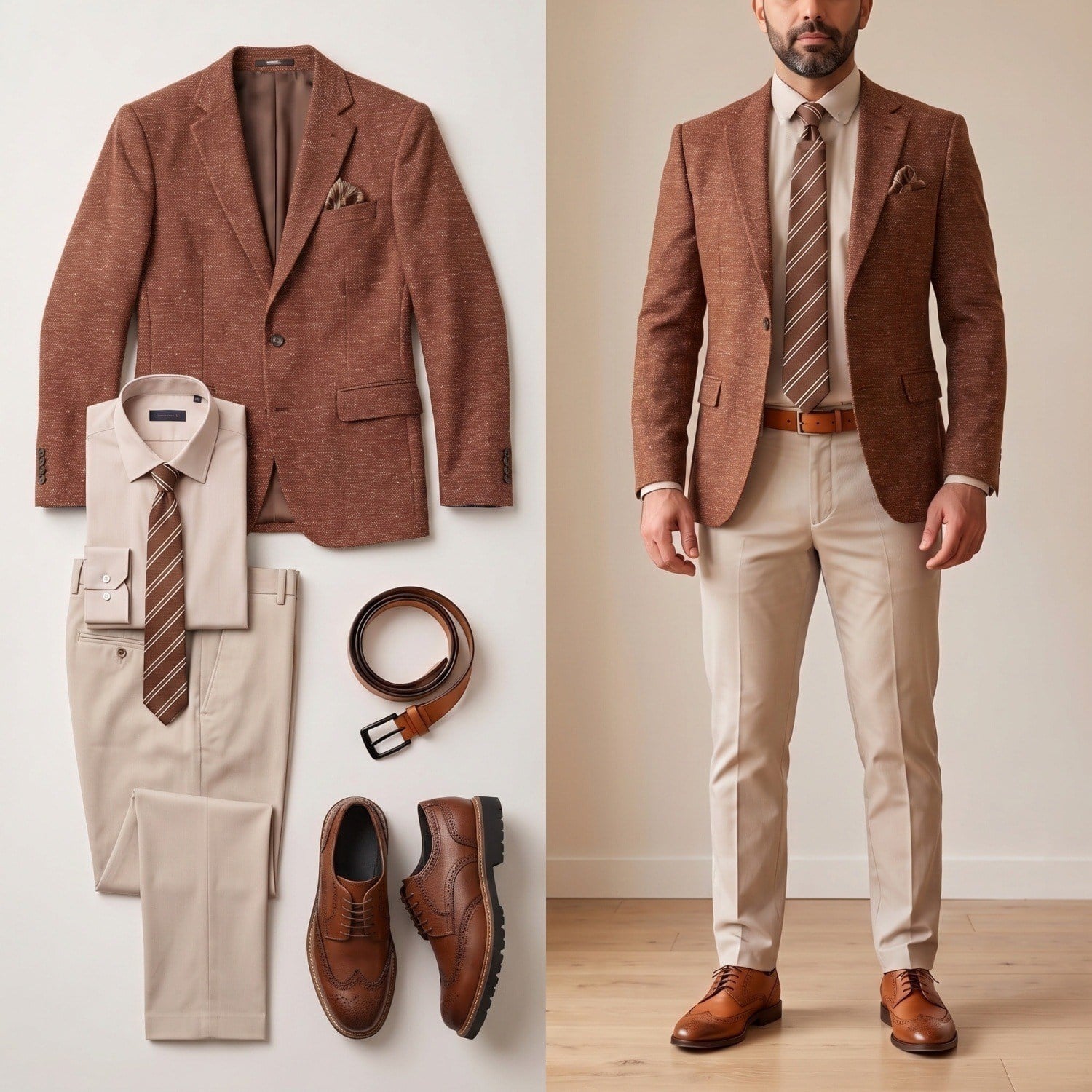 Taba Kırçıllı Blazer Ceket Kombini Erkek | Slim Fit Şık Komple Set
