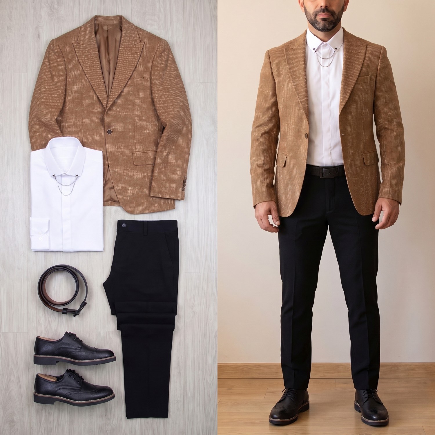 Taba Kırçıllı Blazer Ceket Kombini Erkek | Slim Fit Şık Komple Set