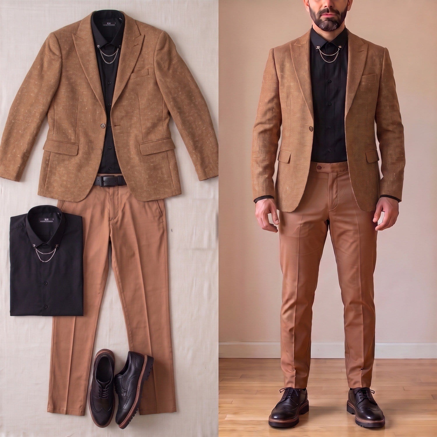 Taba Kırçıllı Blazer Ceket Kombini Erkek | Slim Fit Şık Komple Set 