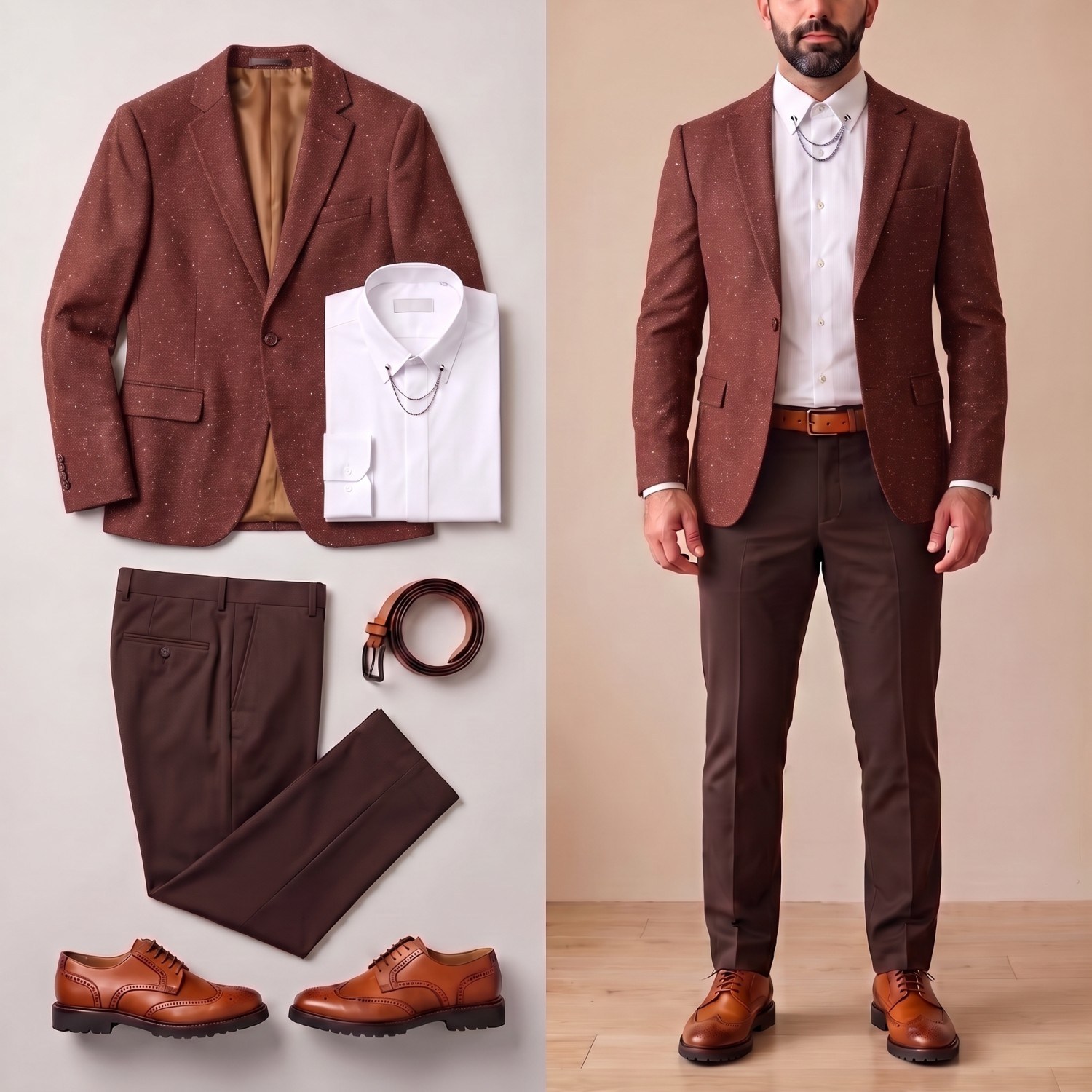 Taba Kırçıllı Blazer Ceket Kombini Erkek | Slim Fit Şık Komple Set