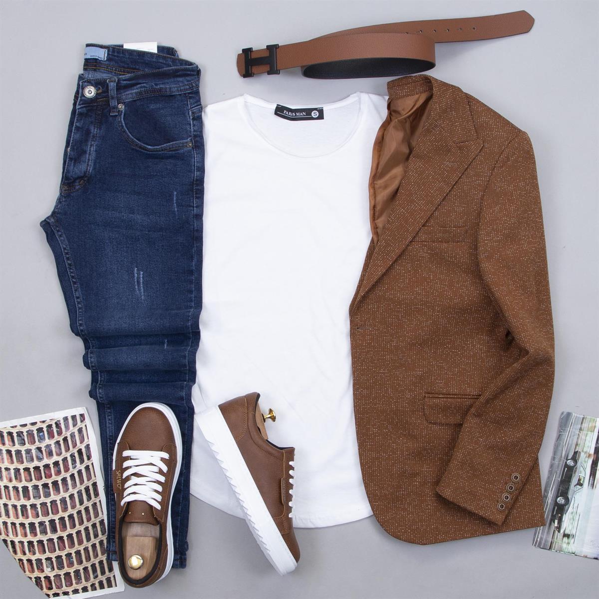 Taba Kırçıllı Blazer Ceket Tişört Pantolon Ayakkabı Kombin