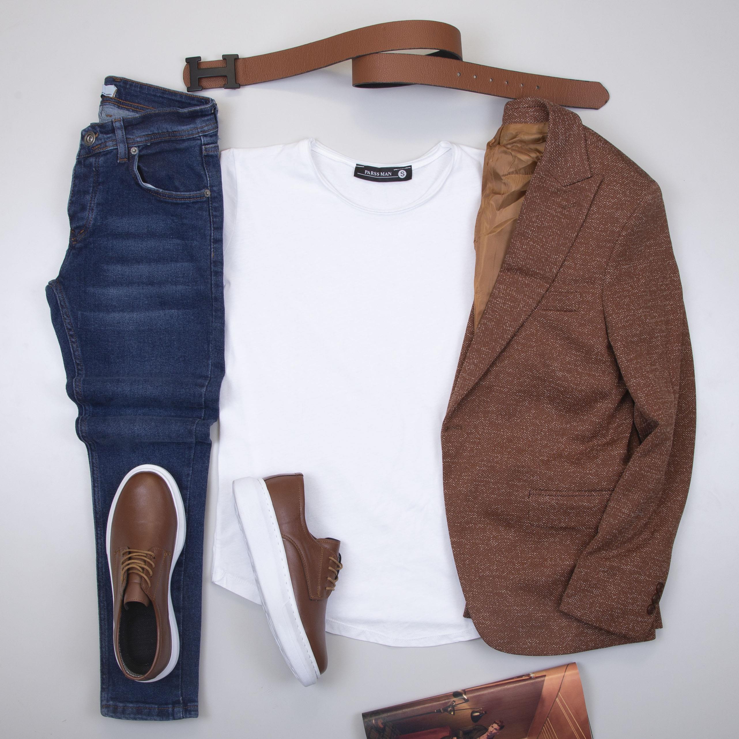 Taba Kırçıllı  Blazer Ceket Tişört Pantolon Ayakkabı Kombin