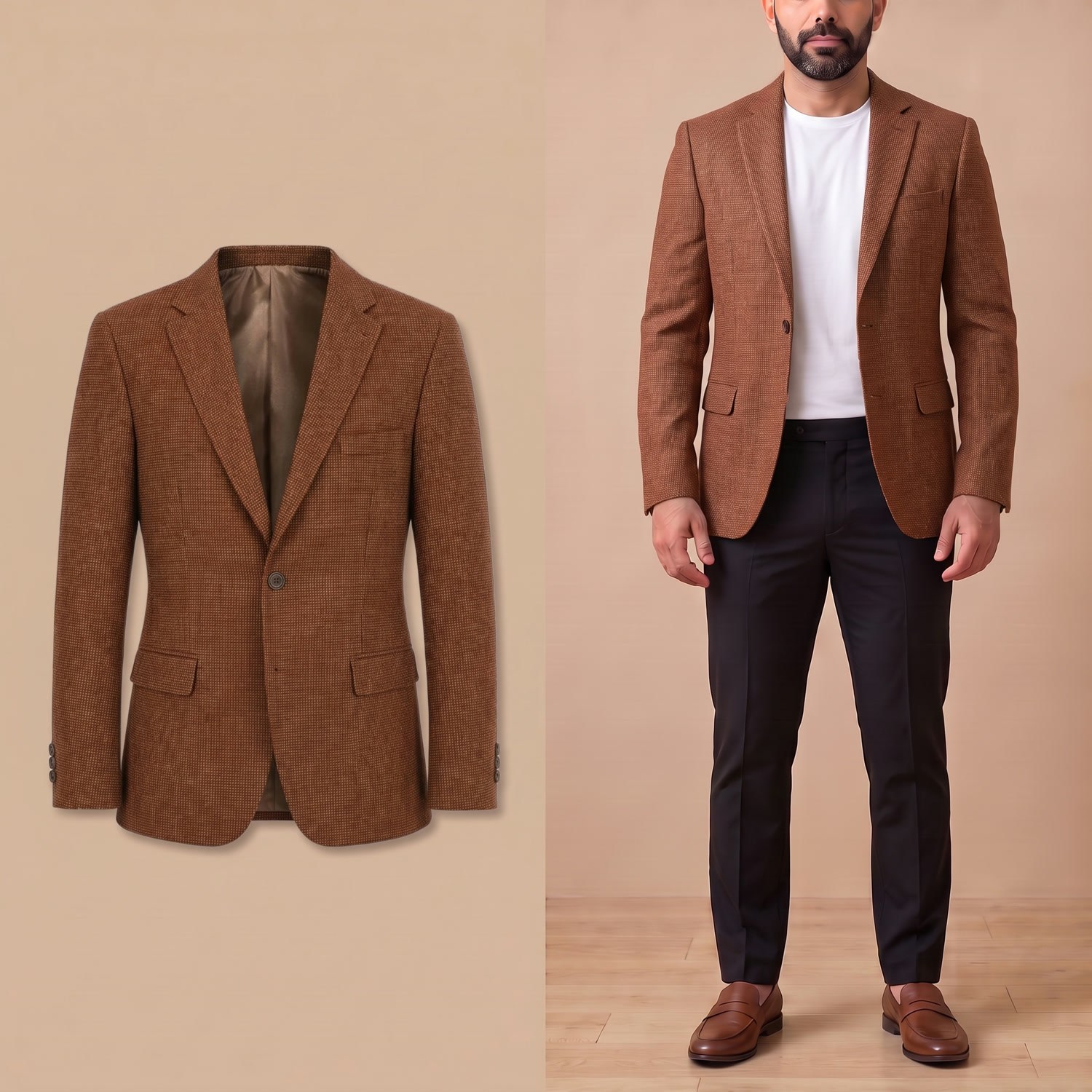Taba Kırçıllı Blazer Tek Ceket Erkek | Slim Fit Modern Şık Ceket