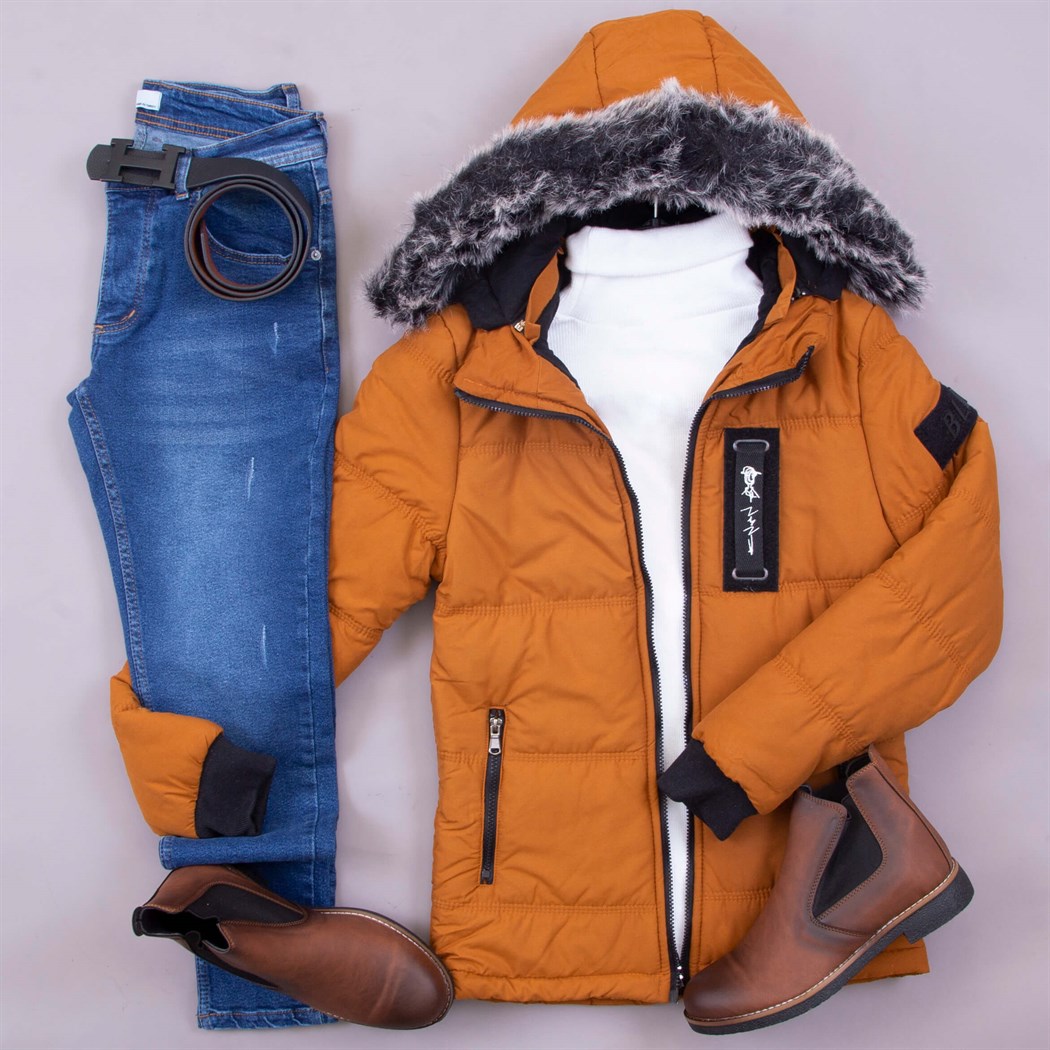 Taba Kürklü Şişme Mont Kazak Pantolon Bot Kombin