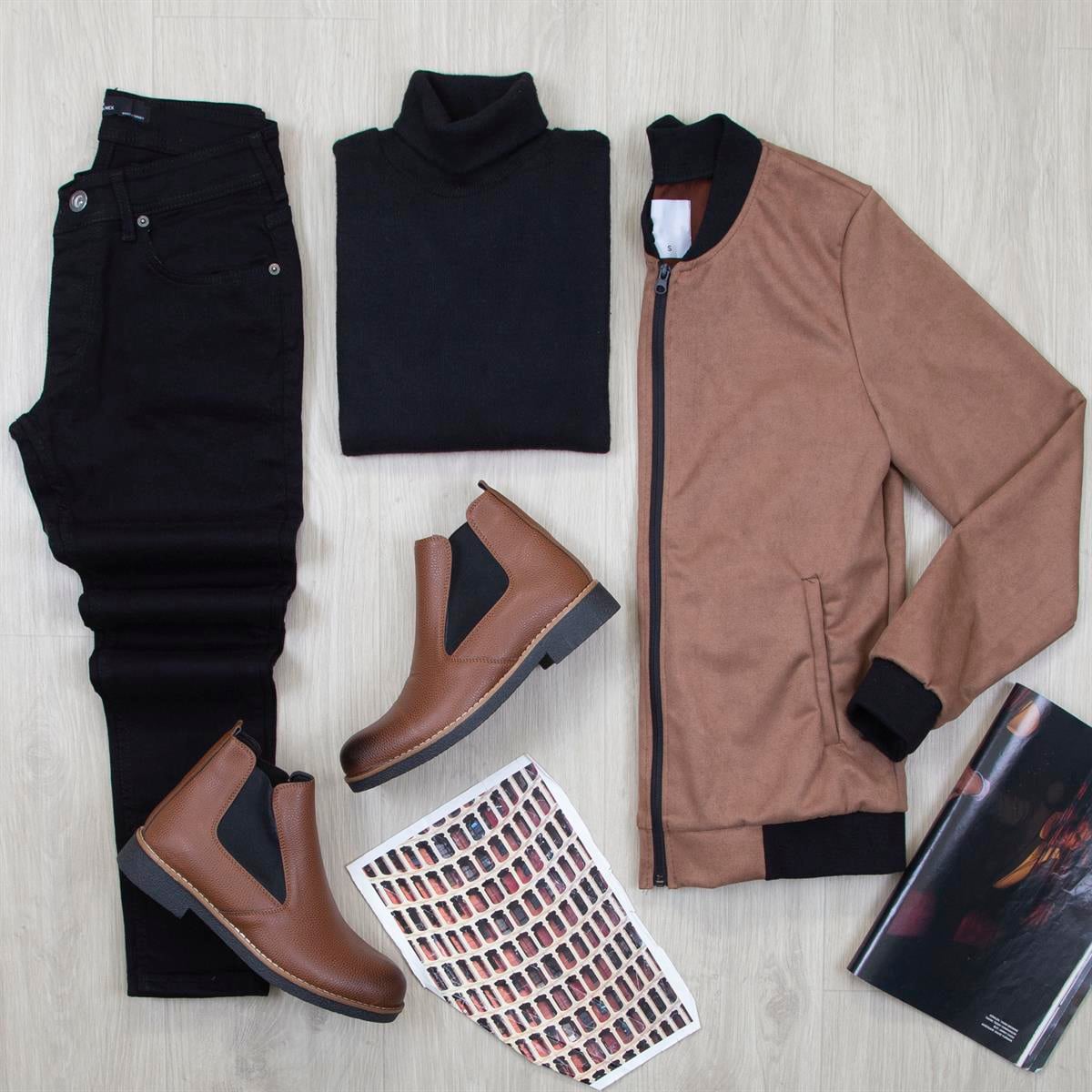 Taba Nubuk Ceket Boğazlı Body Pantolon Bot Kombin