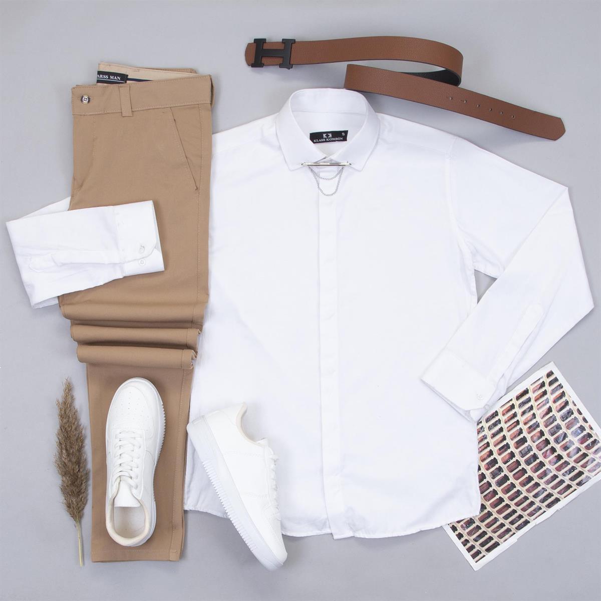 Taba Pantolon Beyaz Gömlek Ayakkabı Kombin