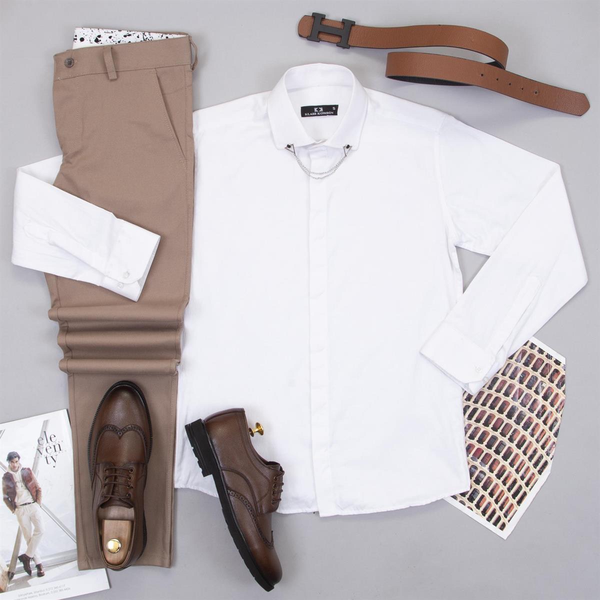 Taba Pantolon Beyaz Gömlek Ayakkabı Kombin