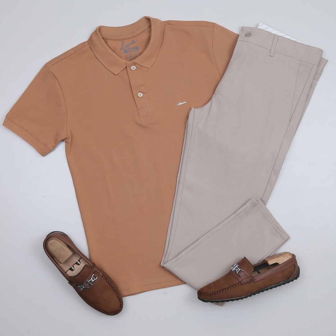Taba Polo Yaka Tişört Kumaş Pantolon Kombini Erkek | Slim Fit Şık Günlük Set