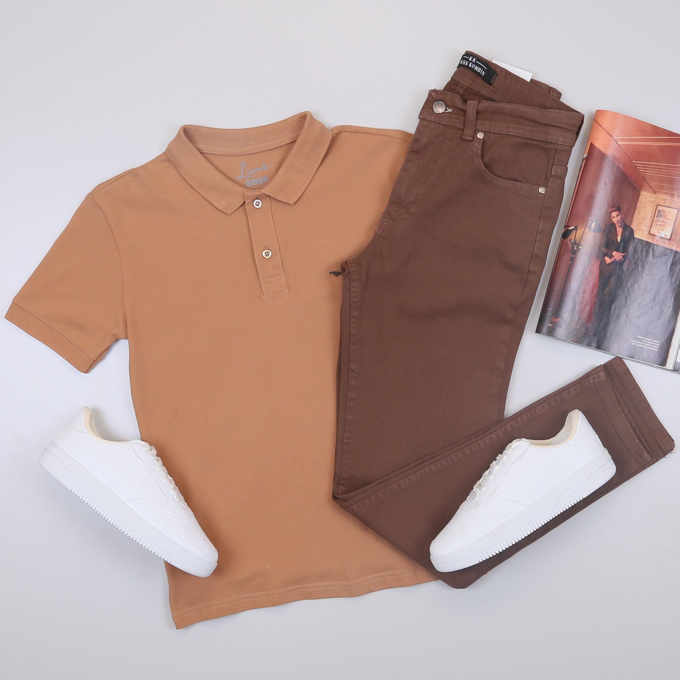 Taba Polo Yaka Tişört Pantolon Ayakkabı Kombin