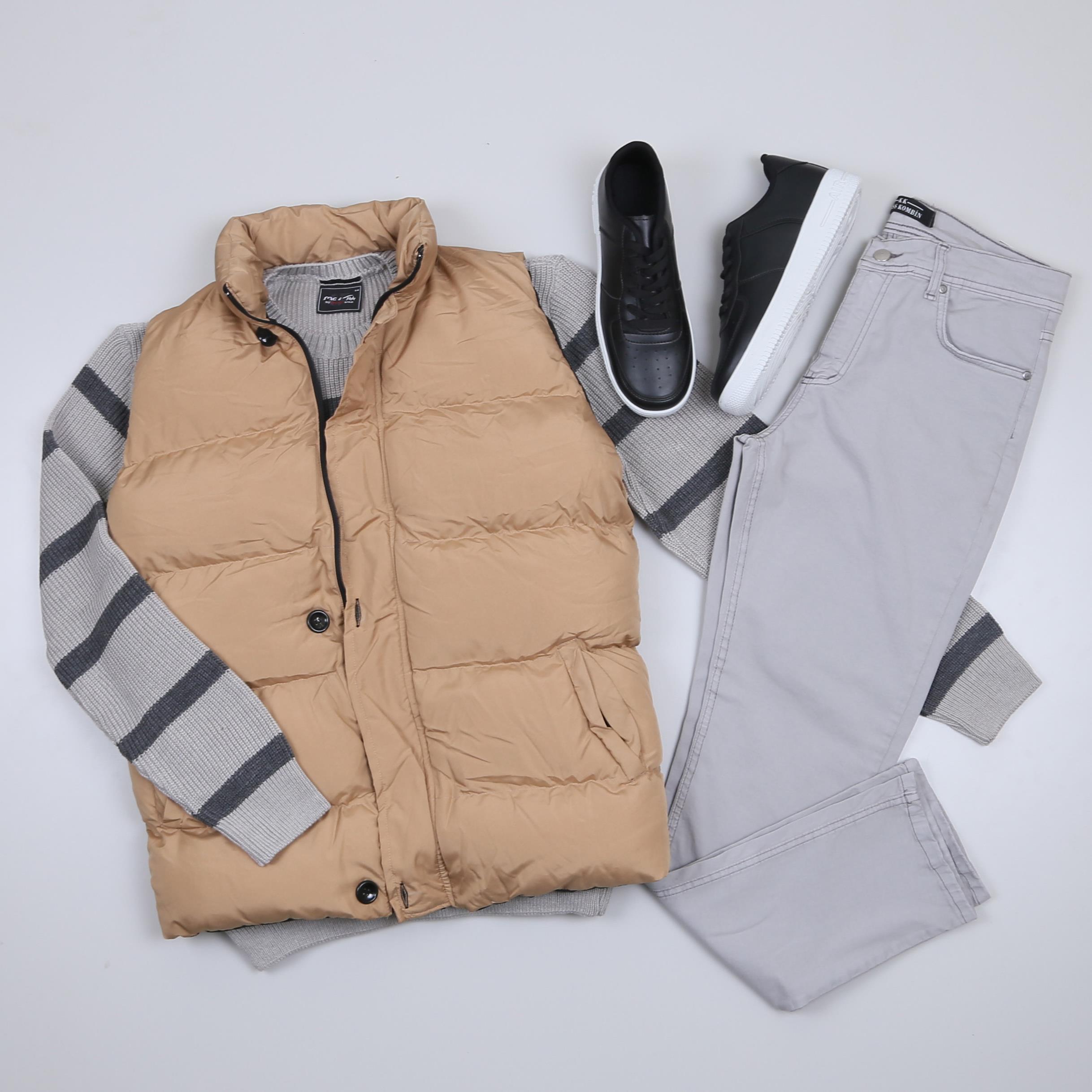 Taba Şişme Yelek Kazak Pantolon Ayakkabı Kombin