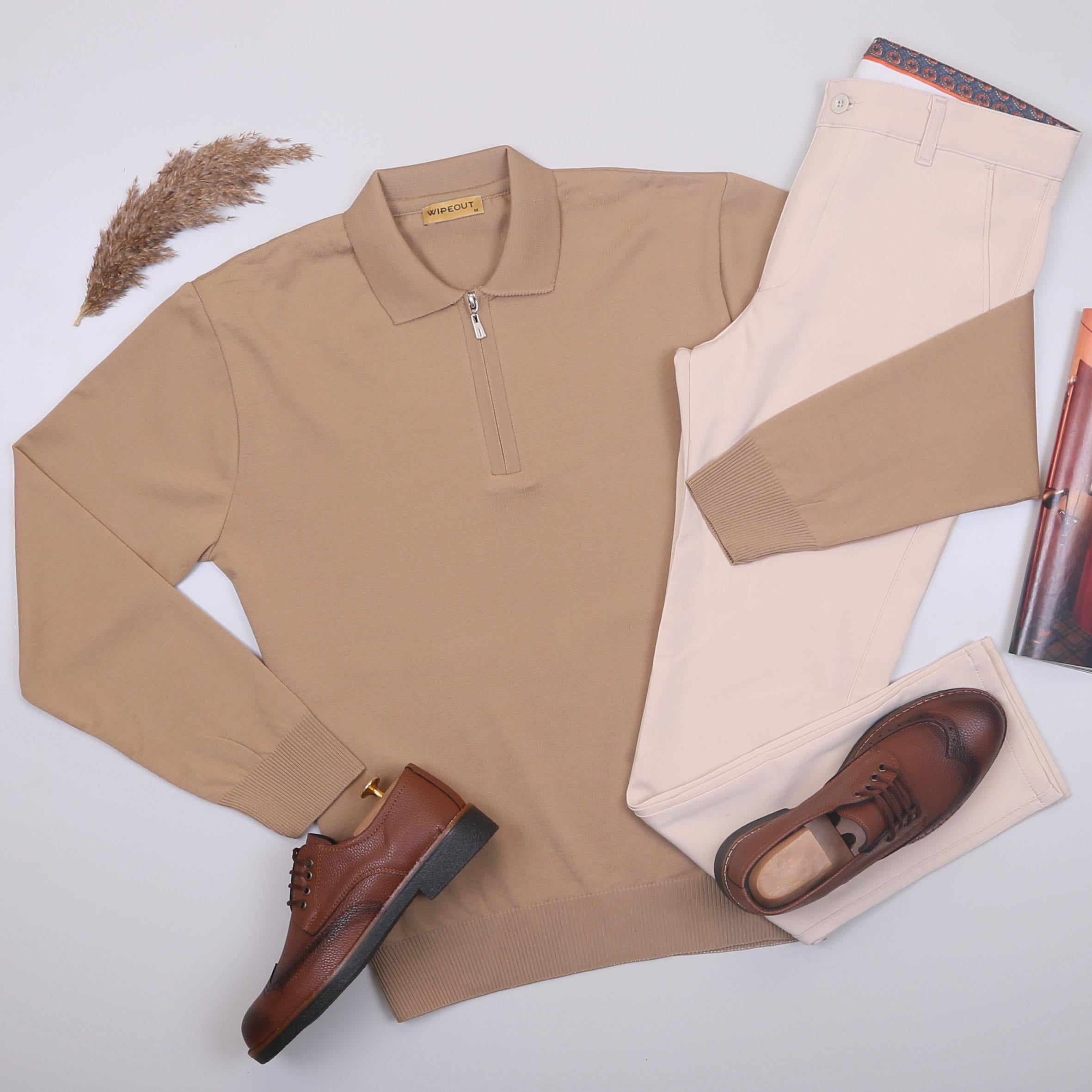 Bej Triko Polo Yaka Pantolon Ayakkabı Kombin