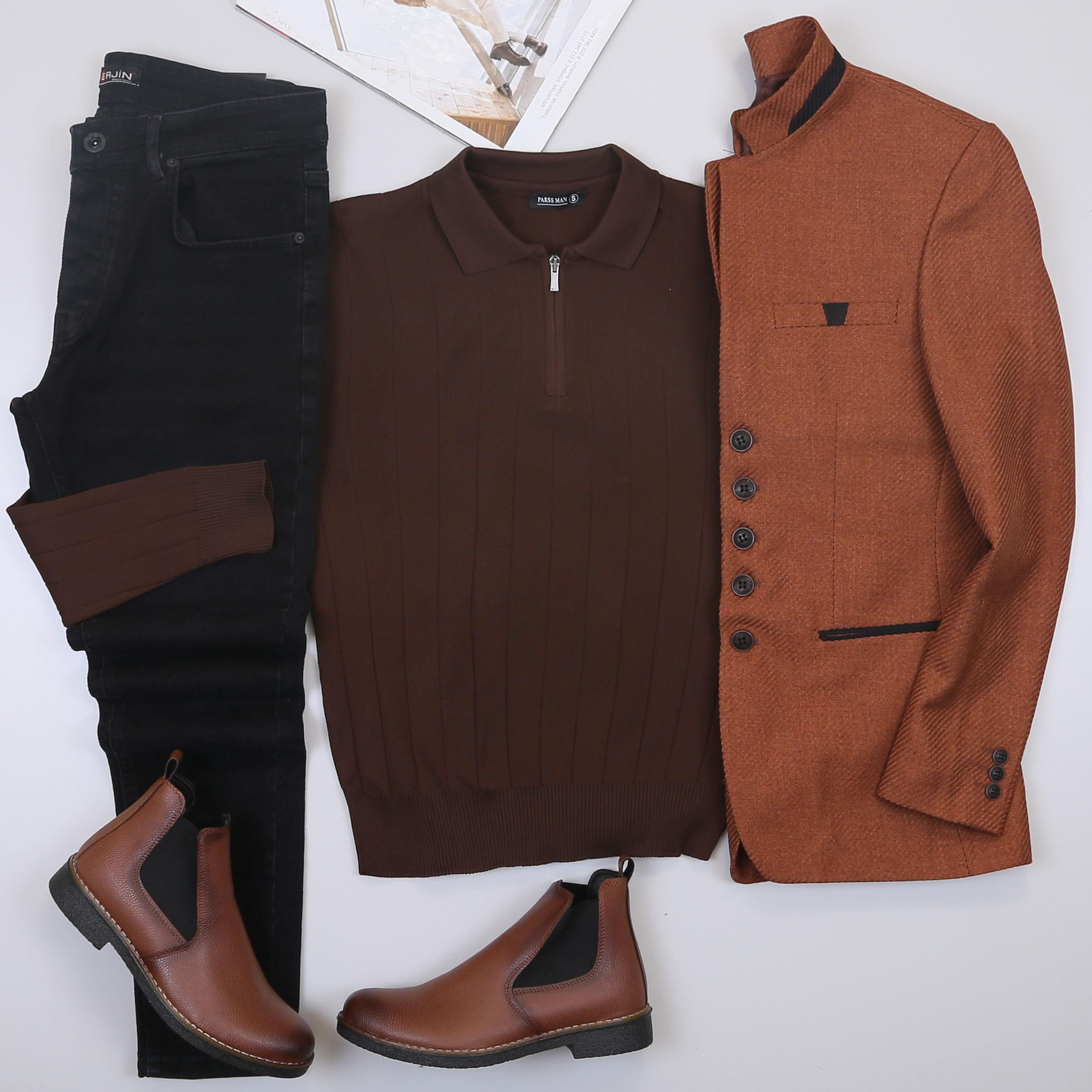 Tarçın Dik Yaka Blazer Ceket Triko Kazak Pantolon Bot Kombin