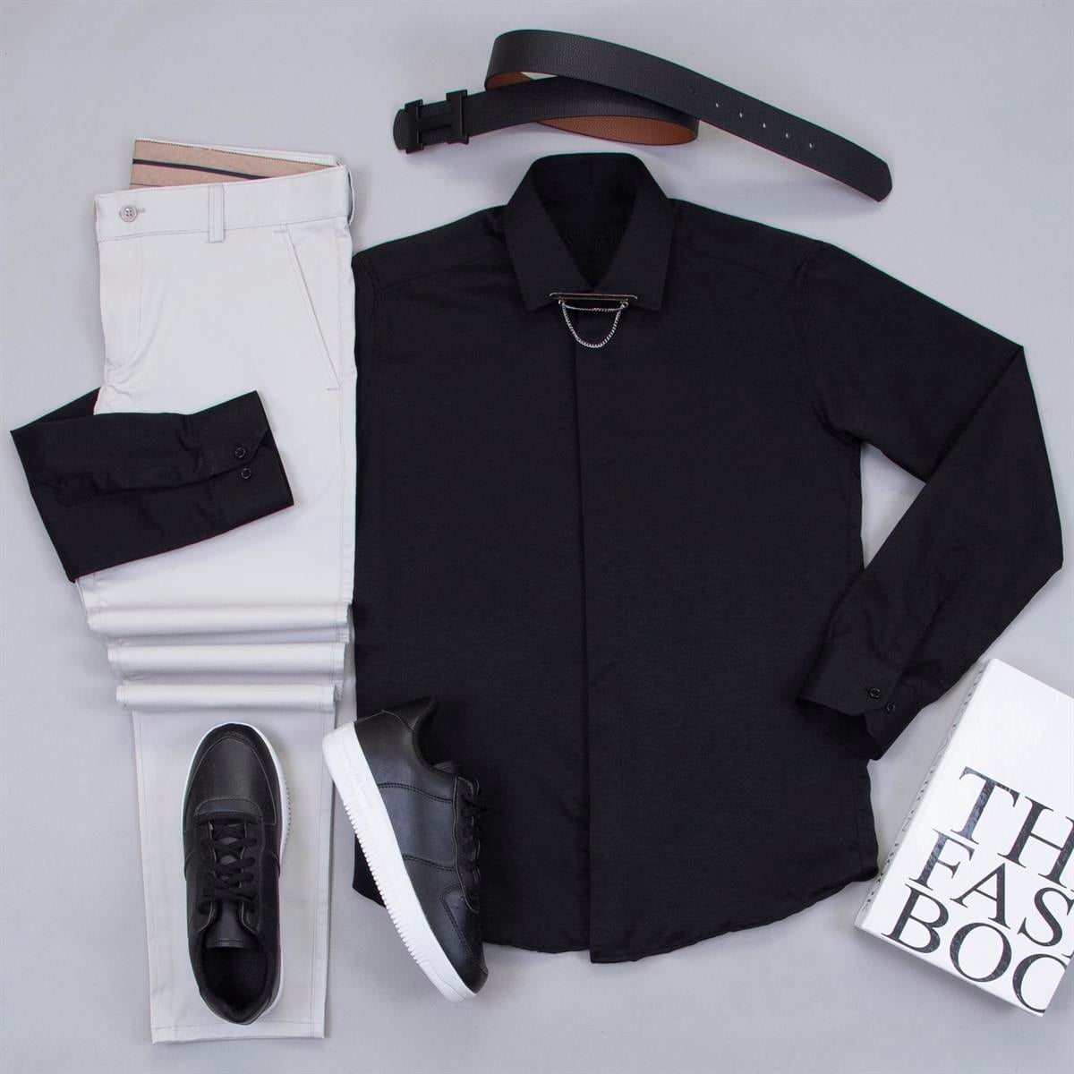 Taş Pantolon Siyah Gömlek Ayakkabı Kombin