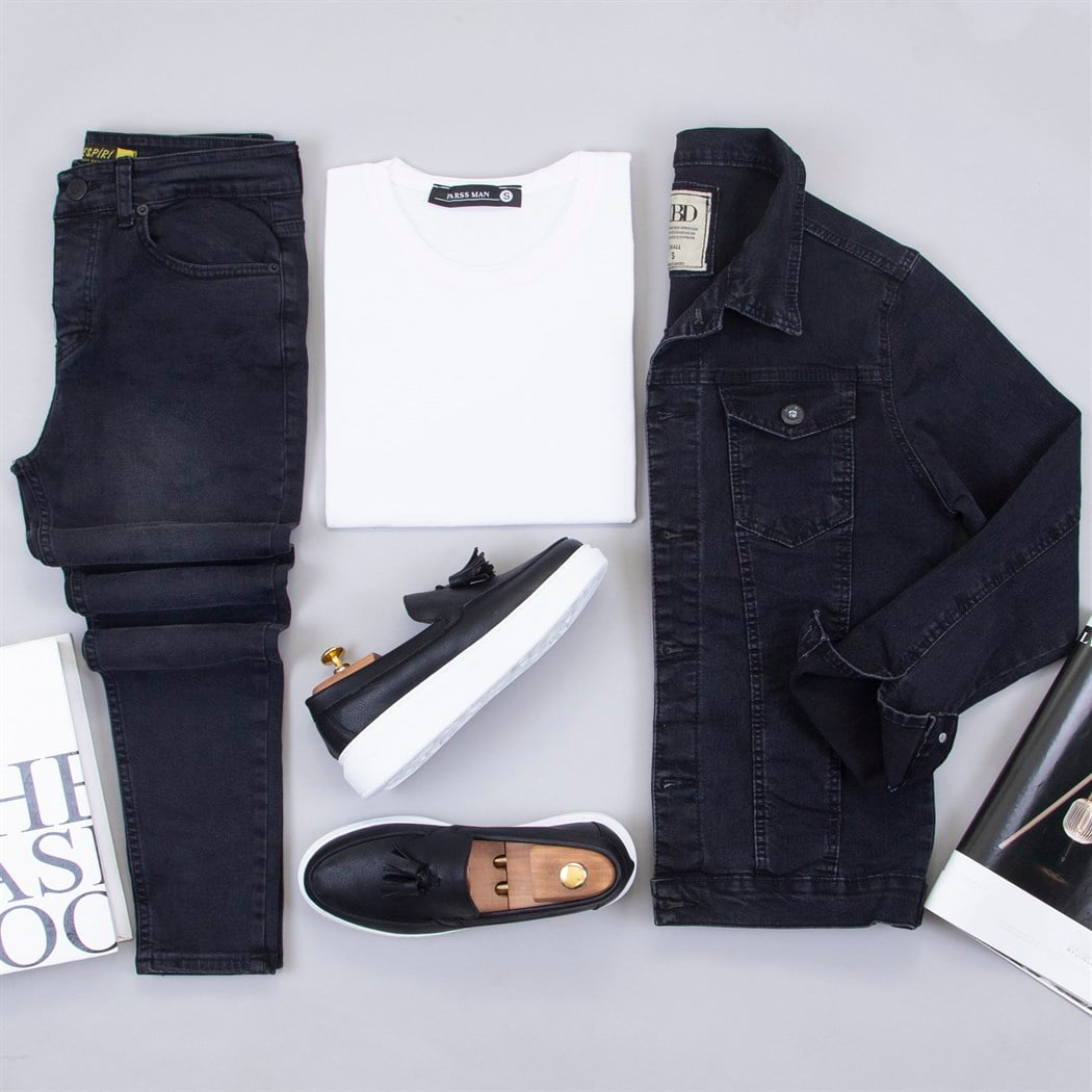 Taşlanmış Siyah Kot Ceket Tişört Pantolon Ayakkabı Kombin