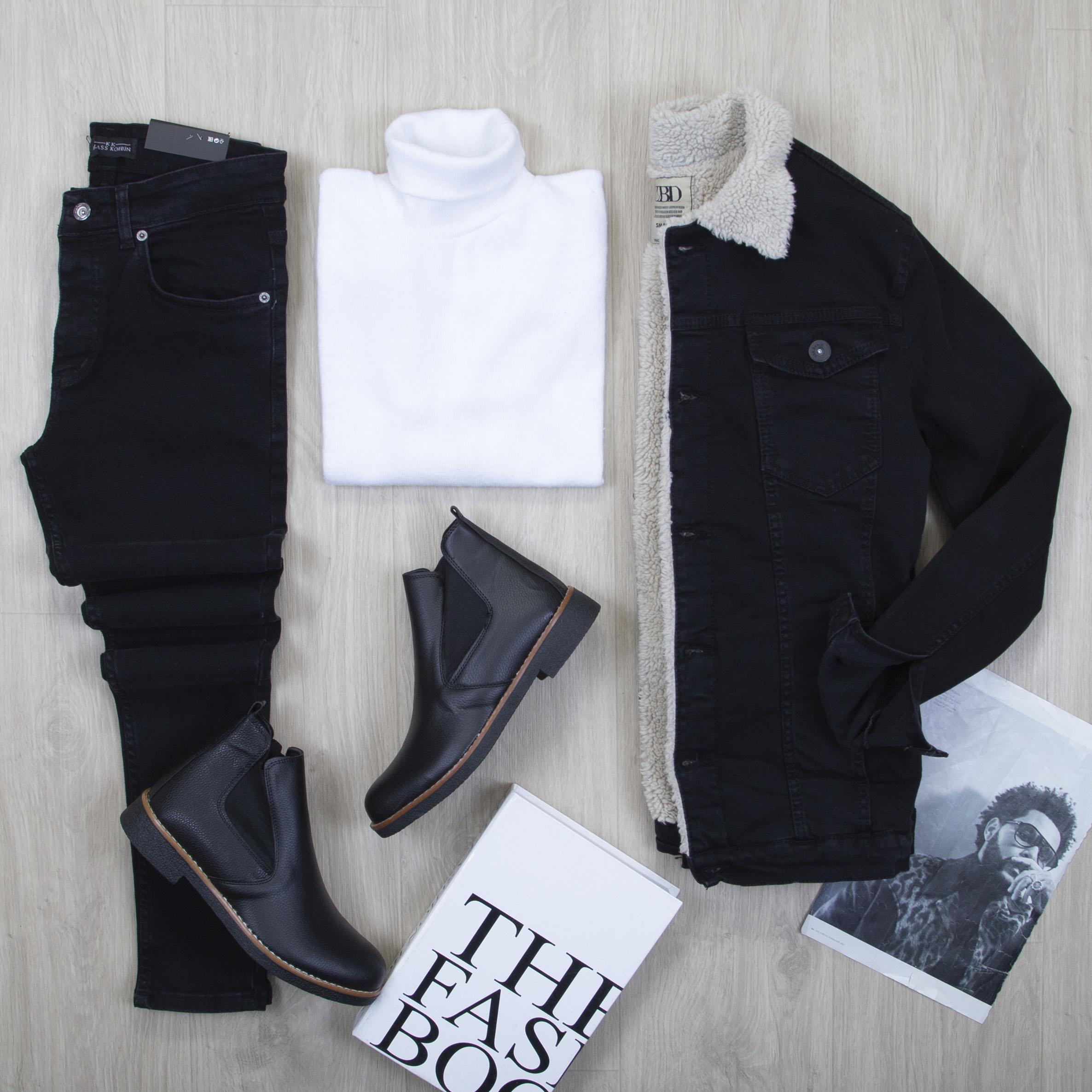 Taşlanmış Siyah Kot Ceket Boğazlı Body Pantolon Bot Kombin