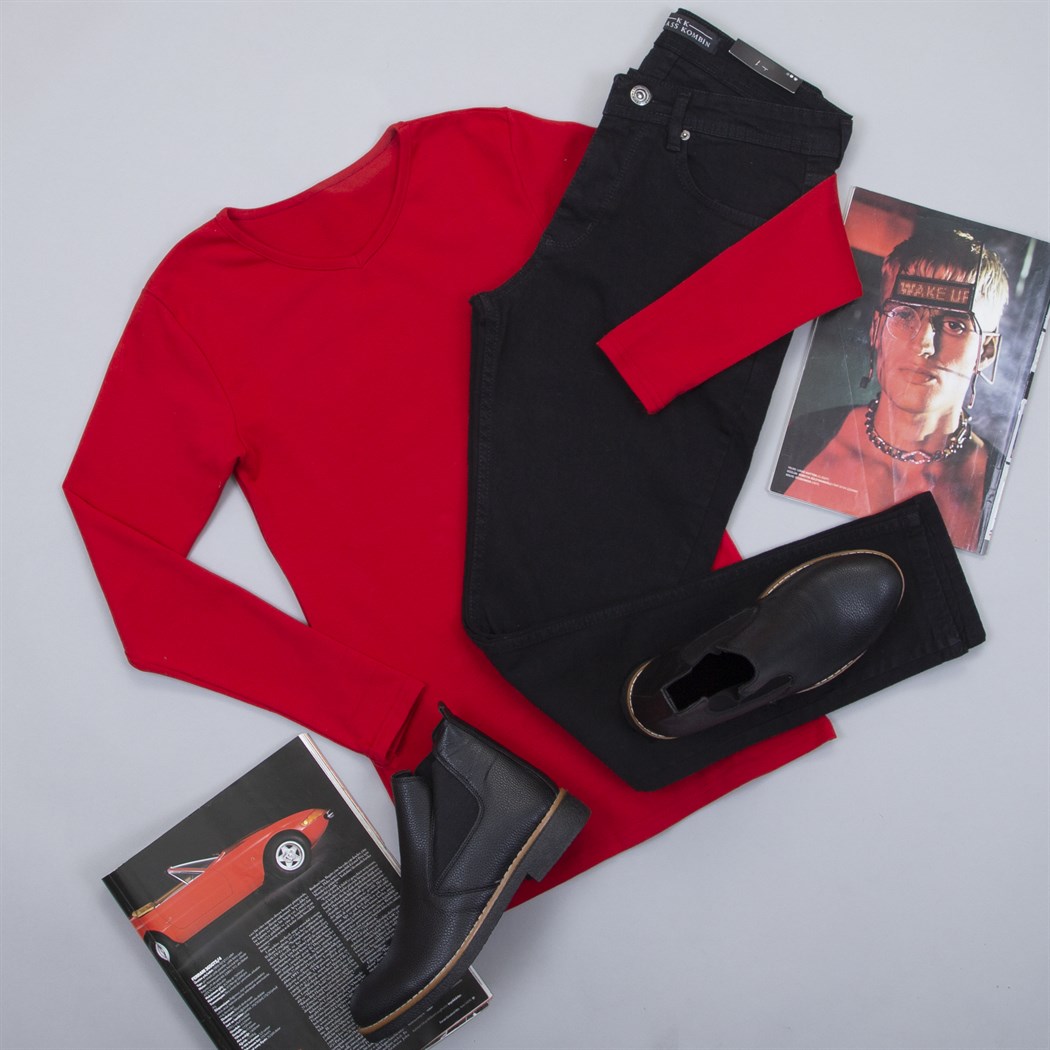 Uzun Kollu Kırmızı Body Pantolon Bot Kombin