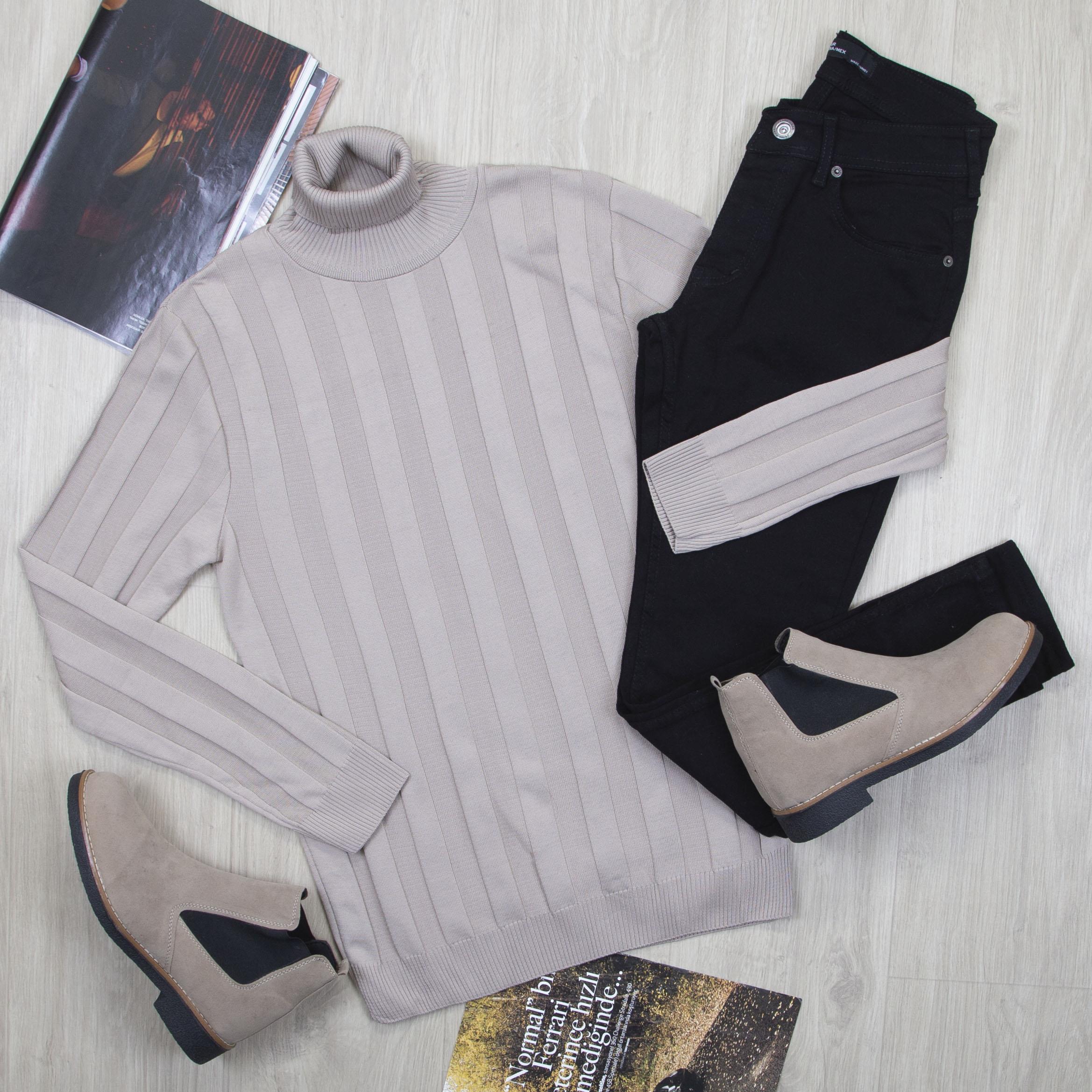 Vizon Boğazlı Triko Kazak Pantolon Bot Kombin