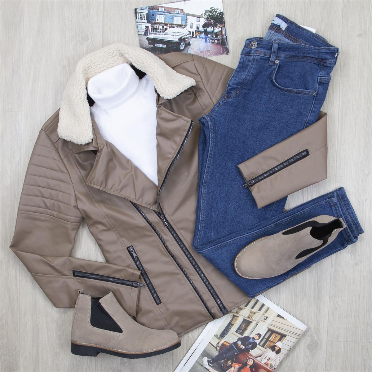 Vizon Kürklü Deri Ceket Boğazlı Body Pantolon Ayakkabı Kombin