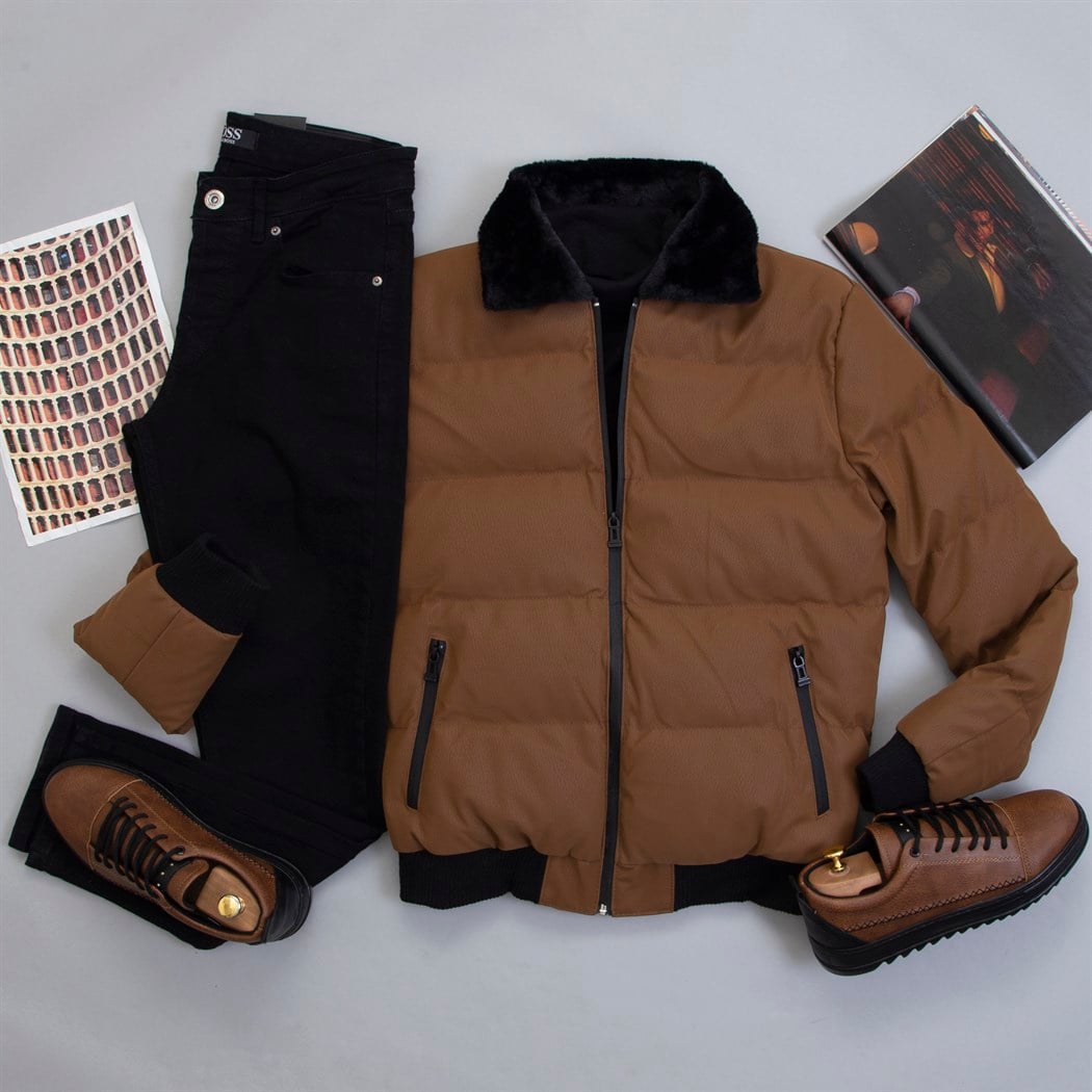 Yakası Kürklü Taba Şişme Mont Kazak Pantolon Ayakkabı Kombin