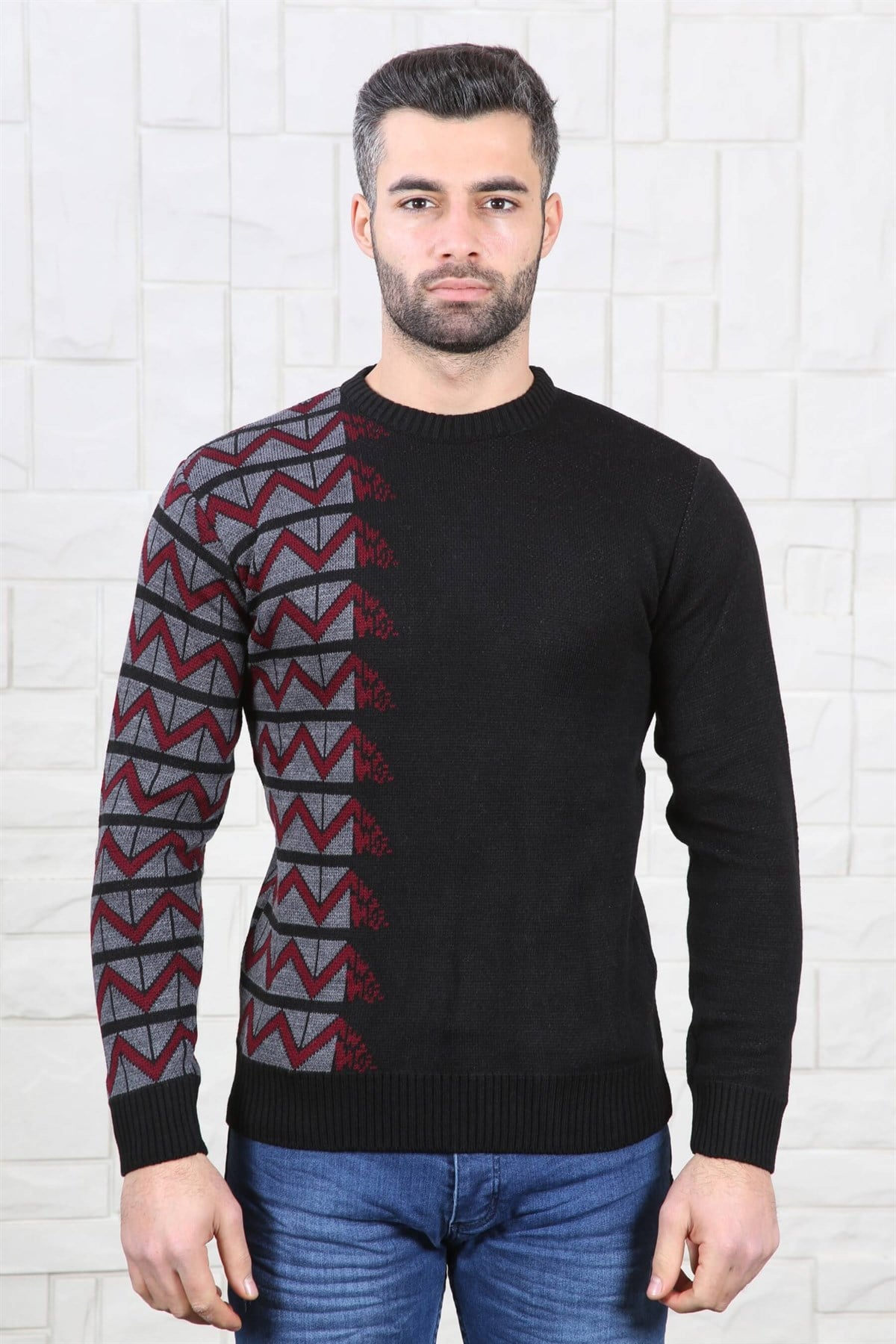 YANI ZİGZAG DESEN BİSİKLET YAKA ERKEK KAZAK SİYAH