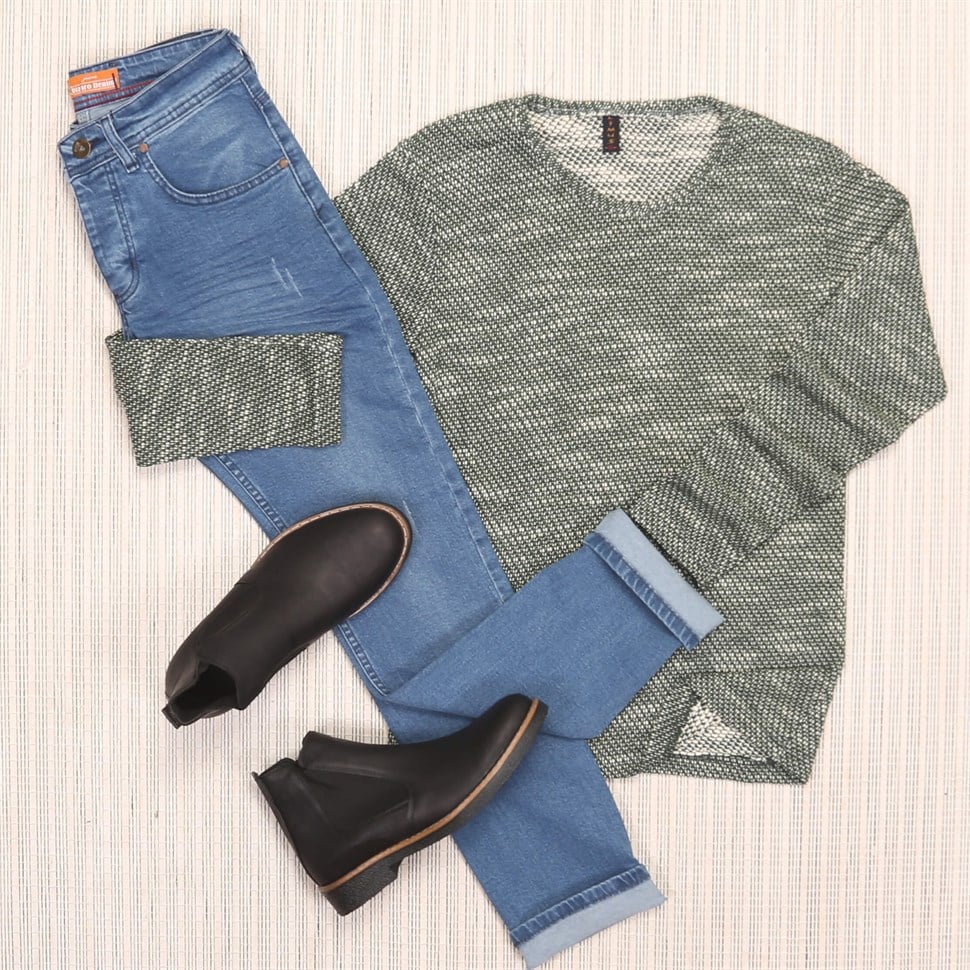 Yeşil Kazak kot Kombin