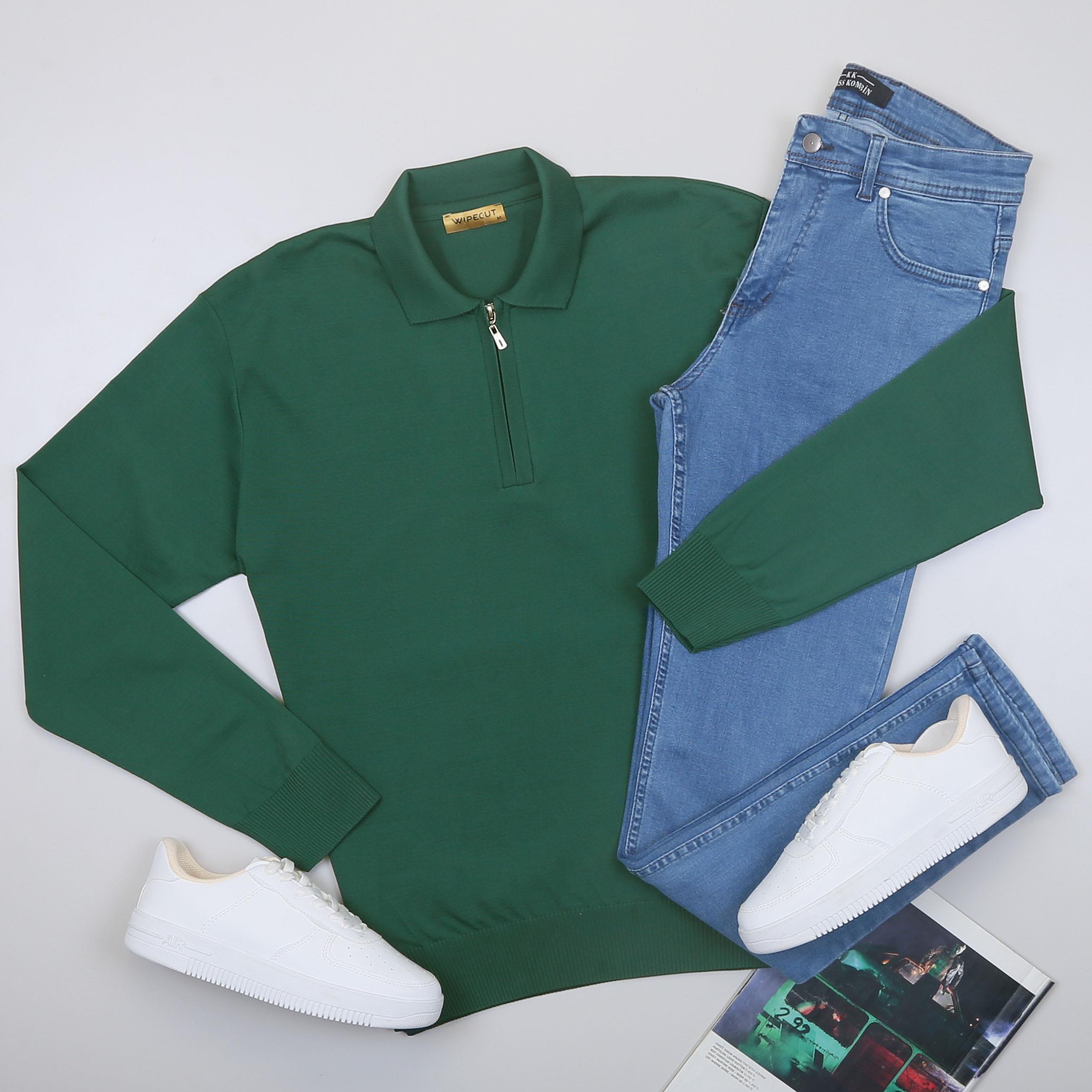 Yeşil Triko Polo Yaka Pantolon Ayakkabı Kombin