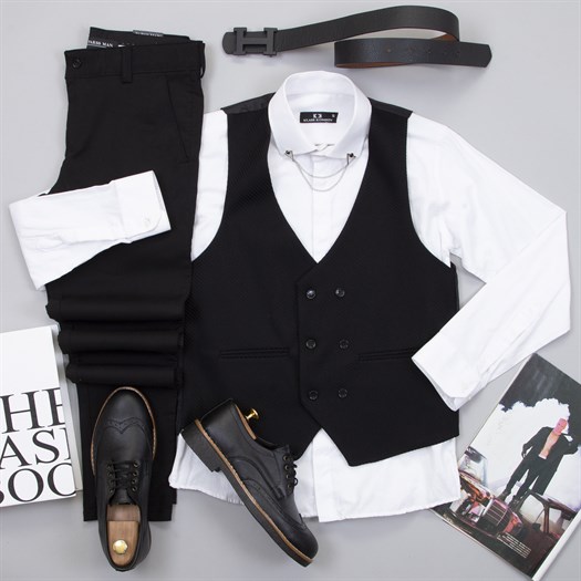Klasik Siyah Yelek Gömlek Pantolon Ayakkabı Kombin