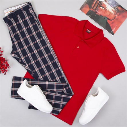 Kırmızı Polo Yaka Tişört Pantolon Ayakkabı Kombin