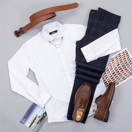Lacivert Ekoseli Pantolon Beyaz Gömlek Ayakkabı Kombin