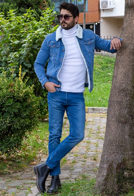 Mavi Kürklü Kot Ceket Boğazlı Kazak Pantolon Bot Kombin