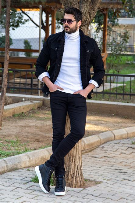 Siyah Mavi Kürklü Kot Ceket Boğazlı Kazak Pantolon Ayakkabı Kombin